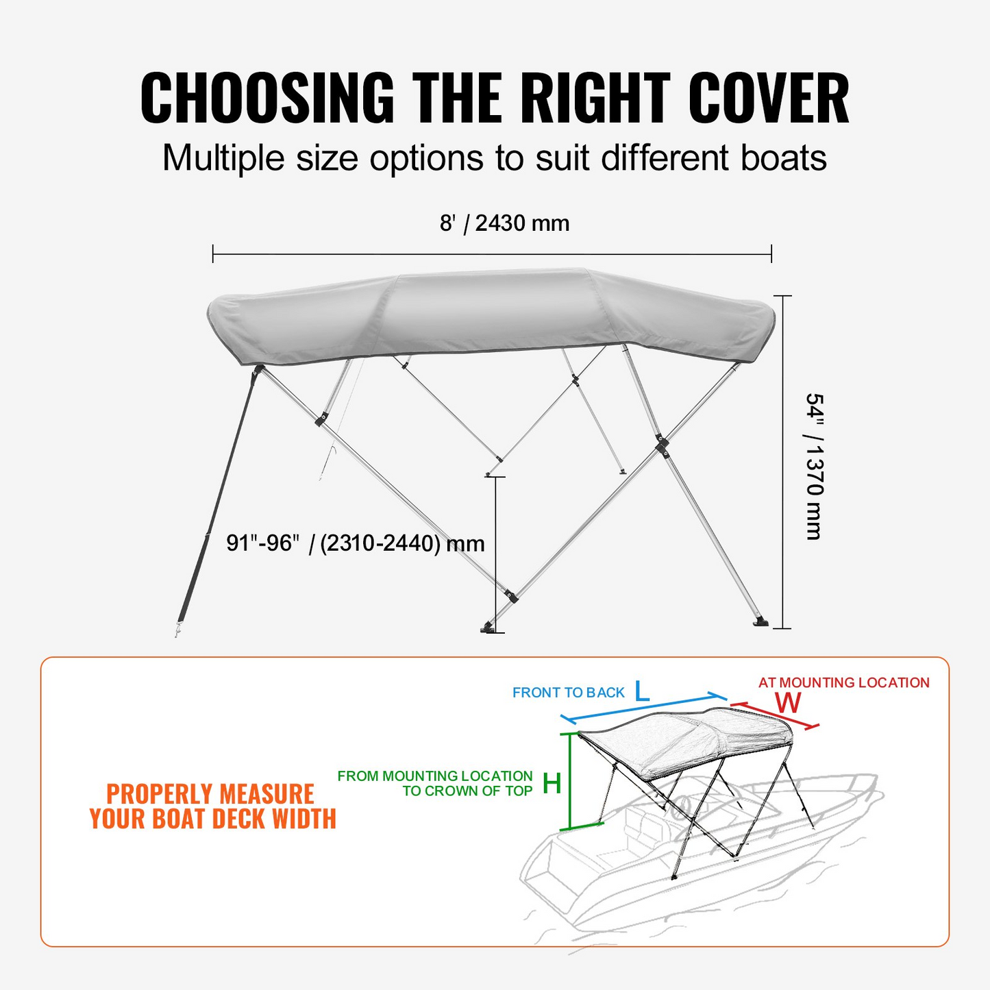 VEVOR 4 Bow Bimini Top Boat Cover, 900D Polyester Canopy with 1" Aluminum Alloy Frame, Waterproof and Sun Shade, Includes Storage Boot, 2 Support Poles, 4 Straps, 8'L x 54"H x 91"-96"W, Light Grey