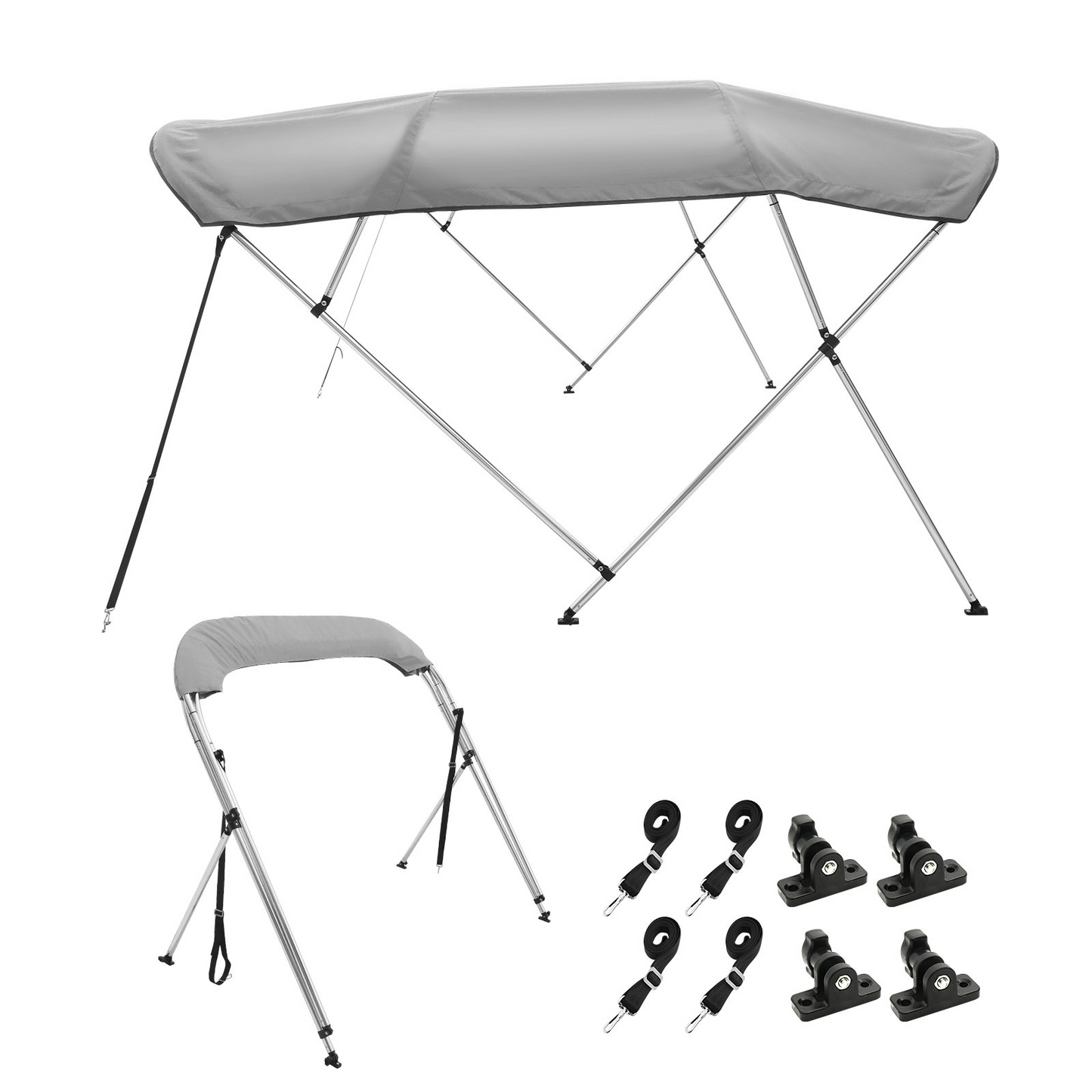 VEVOR 4 Bow Bimini Top Boat Cover, 900D Polyester Canopy with 1" Aluminum Alloy Frame, Waterproof and Sun Shade, Includes Storage Boot, 2 Support Poles, 4 Straps, 8'L x 54"H x 91"-96"W, Light Grey