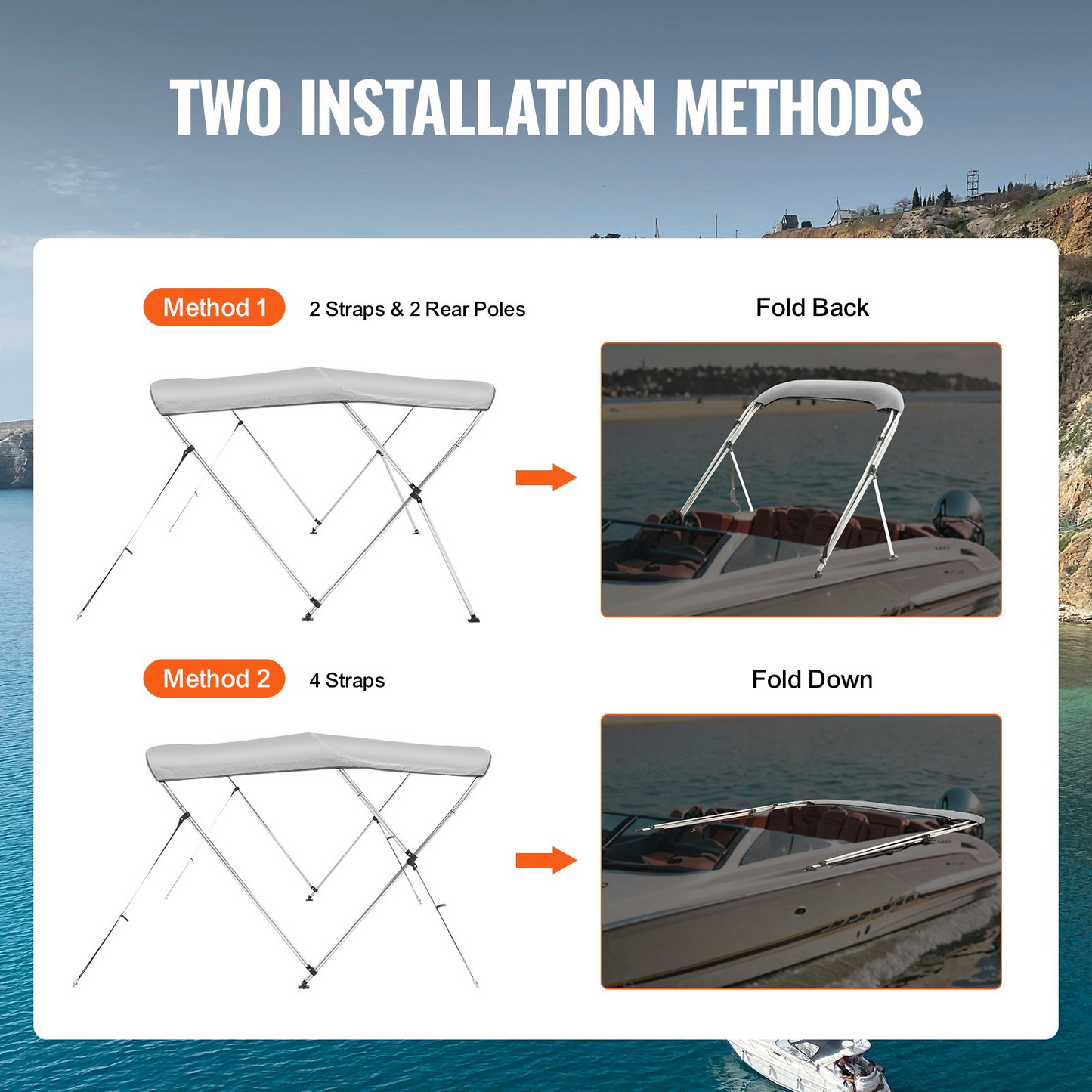 VEVOR 3 Bow Bimini Top Boat Cover, 900D Polyester Canopy with 1" Aluminum Alloy Frame, Waterproof and Sun Shade, Includes Storage Boot, 2 Support Poles, 4 Straps, 6'L x 46"H x 61"-66"W, Light Grey