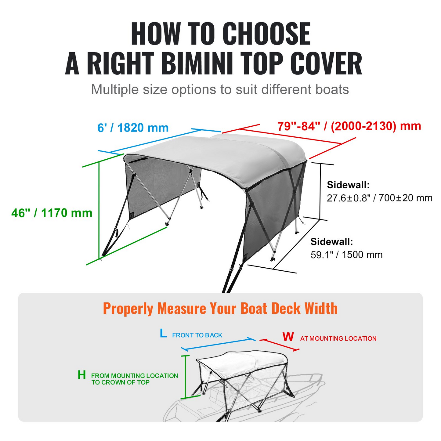 VEVOR 3 Bow Bimini Top Boat Cover, Detachable Mesh Sidewalls, 600D Polyester Canopy with 1" Aluminum Alloy Frame, Includes Storage Boot, 2 Support Poles, 2 Straps, 6'L x 46"H x 79"-84"W, Light Grey