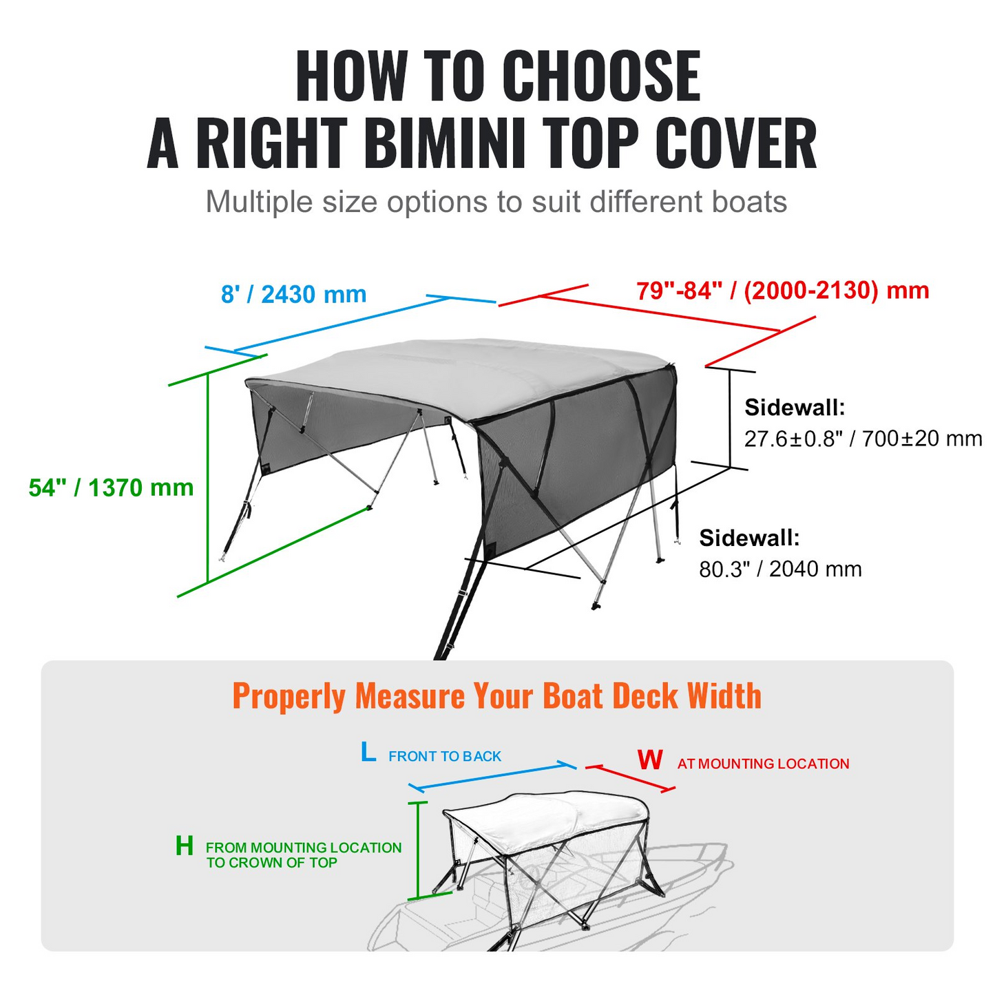 VEVOR 4 Bow Bimini Top Boat Cover, Detachable Mesh Sidewalls, 600D Polyester Canopy with 1 Aluminum Alloy Frame, Light Grey