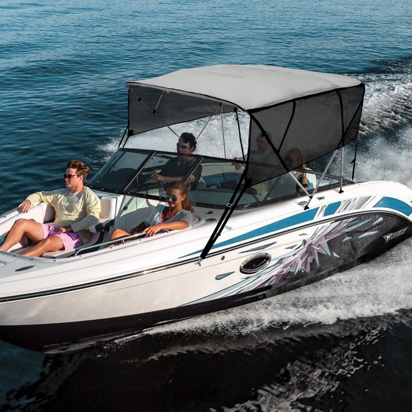 VEVOR 4 Bow Bimini Top Boat Cover, Detachable Mesh Sidewalls, 600D Polyester Canopy with 1 Aluminum Alloy Frame, Light Grey