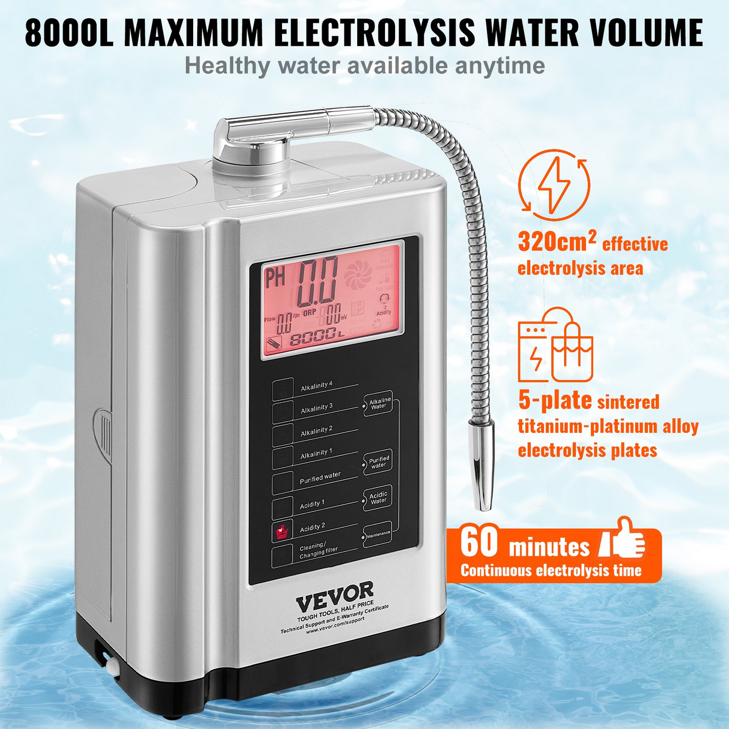 VEVOR Alkaline Water Ionizer Machine, pH 3.5-10.5 Alkaline Acidic Hydrogen Water Purifier, 7 Water Settings Home Filtration System, Up to -550mV ORP, 8000L Per Filter, Auto-Cleaning, White