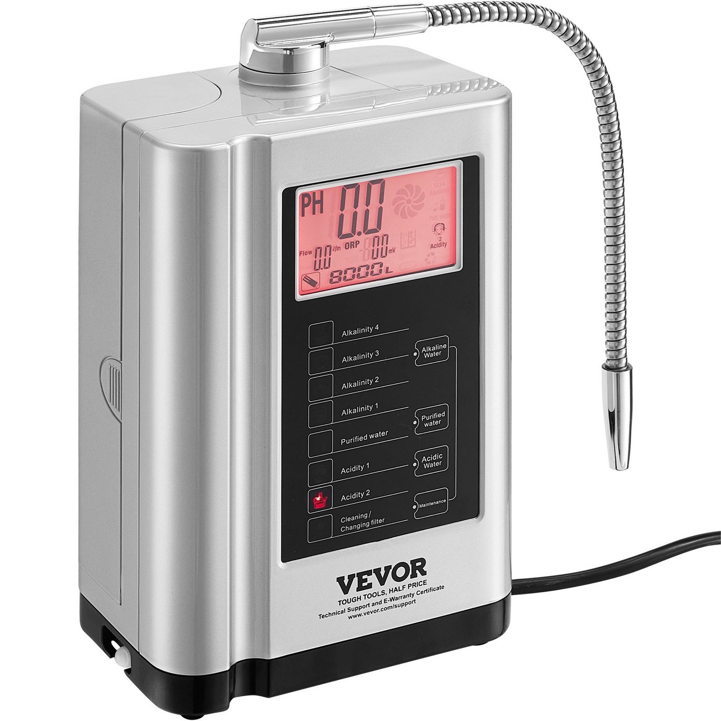 VEVOR Alkaline Water Ionizer Machine, pH 3.5-10.5 Alkaline Acidic Hydrogen Water Purifier, 7 Water Settings Home Filtration System, Up to -550mV ORP, 8000L Per Filter, Auto-Cleaning, White