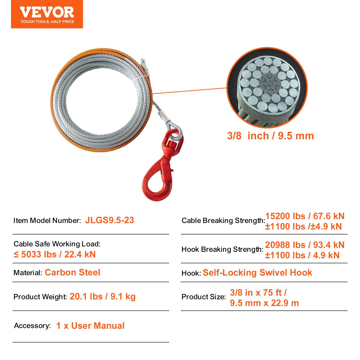 VEVOR Galvanized Steel Winch Cable, 3/8 Inch x 75 Feet 15,200 lbs Breaking Strength, Wire Winch Rope with Swivel Hook, Towing Cable Heavy Duty, Universal Fit for SUV, Large Off-Road Vehicle, Truck