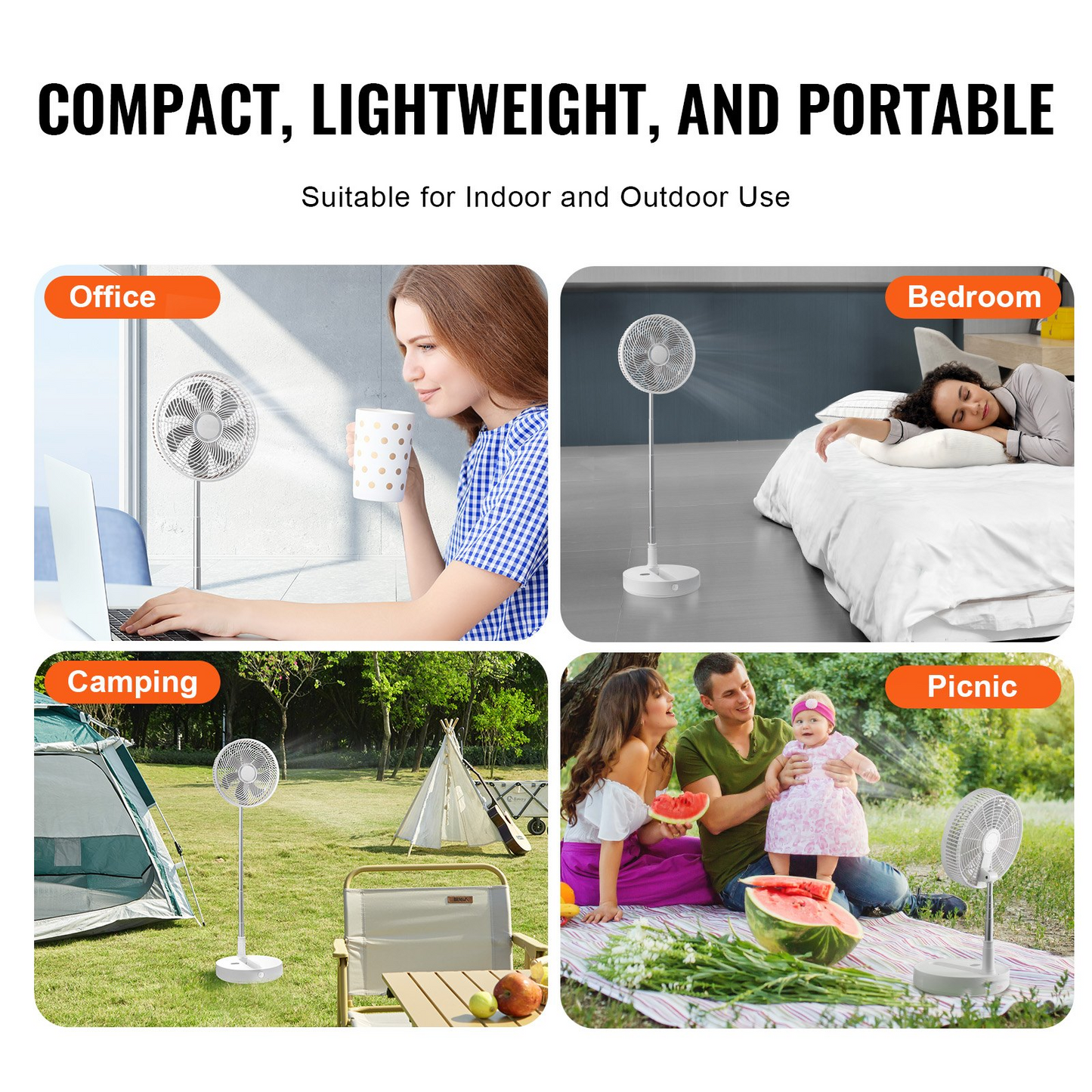 VEVOR 12 Inch Foldable Oscillating Standing Fan with Remote Control, 4 Speed Adjustable Portable Desk Quiet Fan, 7200mah Rechargeable USB Small Fan, Folded Rotating Floor Fan for Bedroom Office Travel