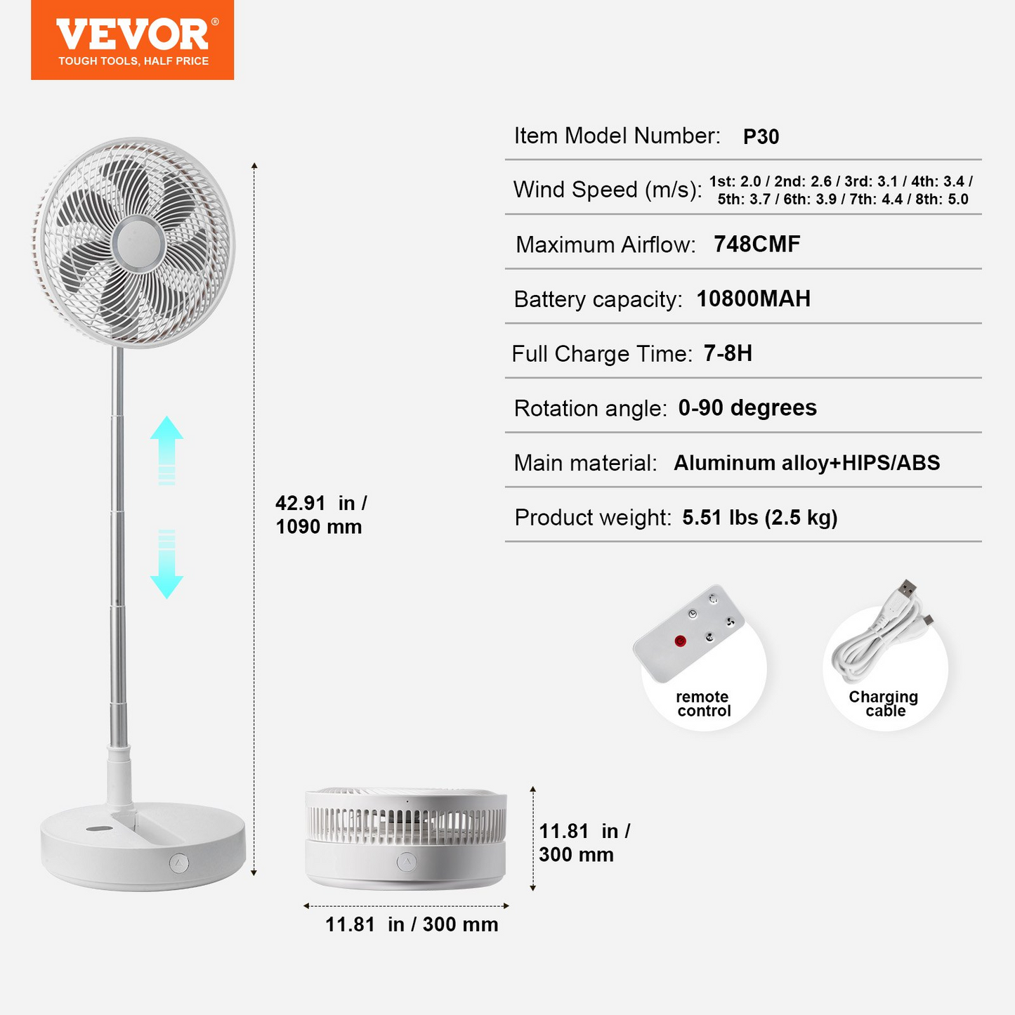 VEVOR 12 Inch Foldable Oscillating Standing Fan with Remote Control, 4 Speed Adjustable Portable Desk Quiet Fan, 7200mah Rechargeable USB Small Fan, Folded Rotating Floor Fan for Bedroom Office Travel