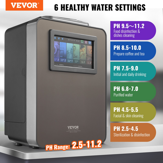 VEVOR Alkaline Water Ionizer Machine, pH 2.5-11.2 Alkaline Acidic Hydrogen Water Purifier, 6 Water Settings Home Filtration System, Up to -850mV ORP, 10000L Per Filter, UV Function, Water Heating