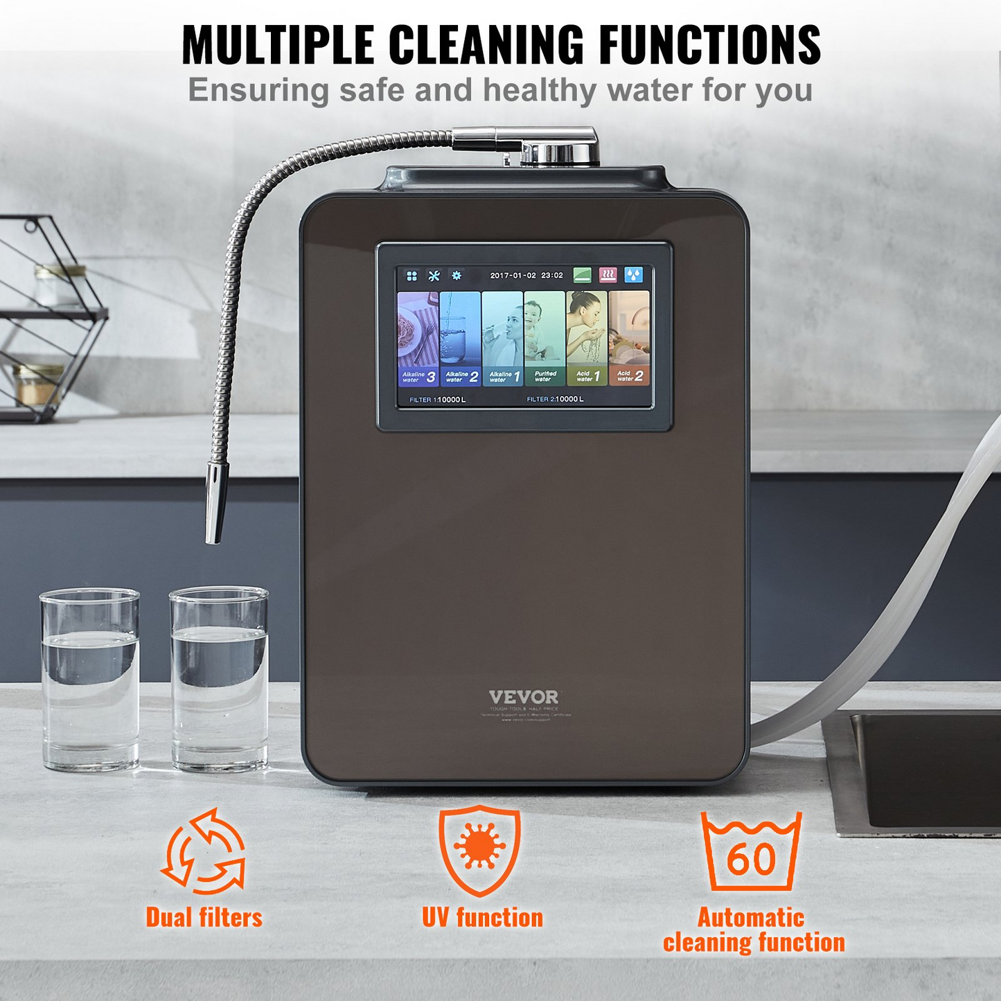 VEVOR Alkaline Water Ionizer Machine, pH 2.5-11.2 Alkaline Acidic Hydrogen Water Purifier, 6 Water Settings Home Filtration System, Up to -850mV ORP, 10000L Per Filter, UV Function, Water Heating