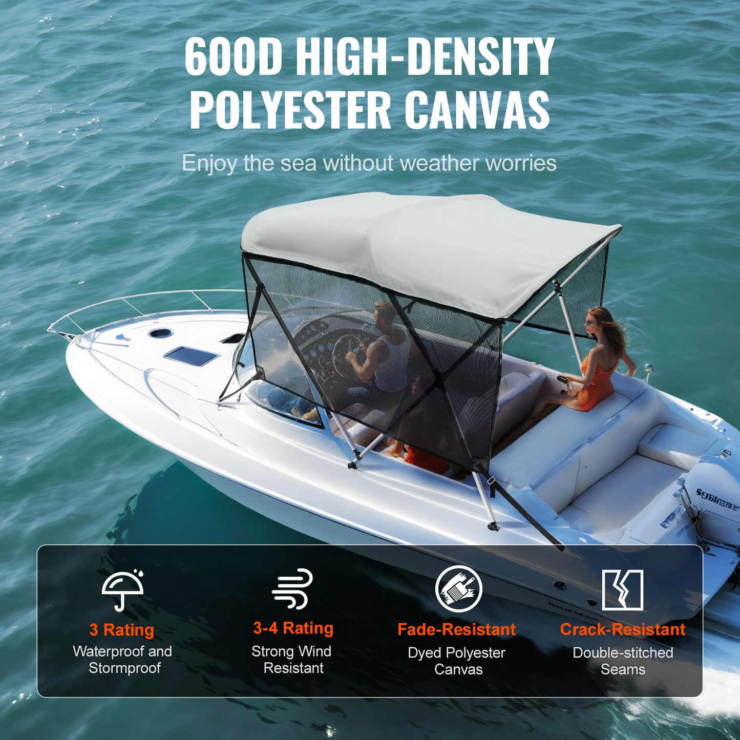 VEVOR 3 Bow Bimini Top Boat Cover, Detachable Mesh Sidewalls, 600D Polyester Canopy with 1" Aluminum Alloy Frame, Includes Storage Boot, 2 Support Poles, 2 Straps, 6'L x 46"H x 79"-84"W, Light Grey