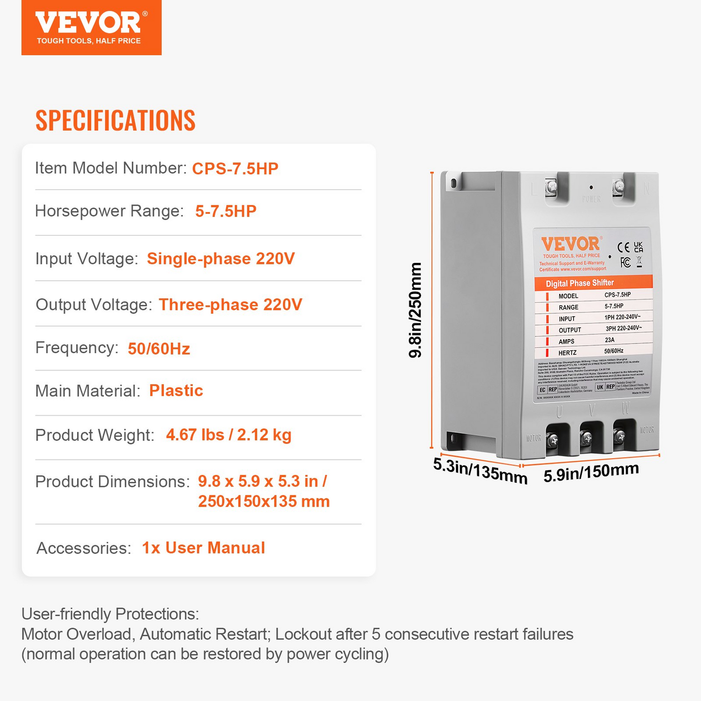 VEVOR 3 Phase Converter- 7.5HP 23A 220V Single Phase to 3 Phase Converter, Digital Phase Shifter for Residential & Light Commercial Use, 220V-240V Input/Output (One Converter Must Be Used on One Motor Only)