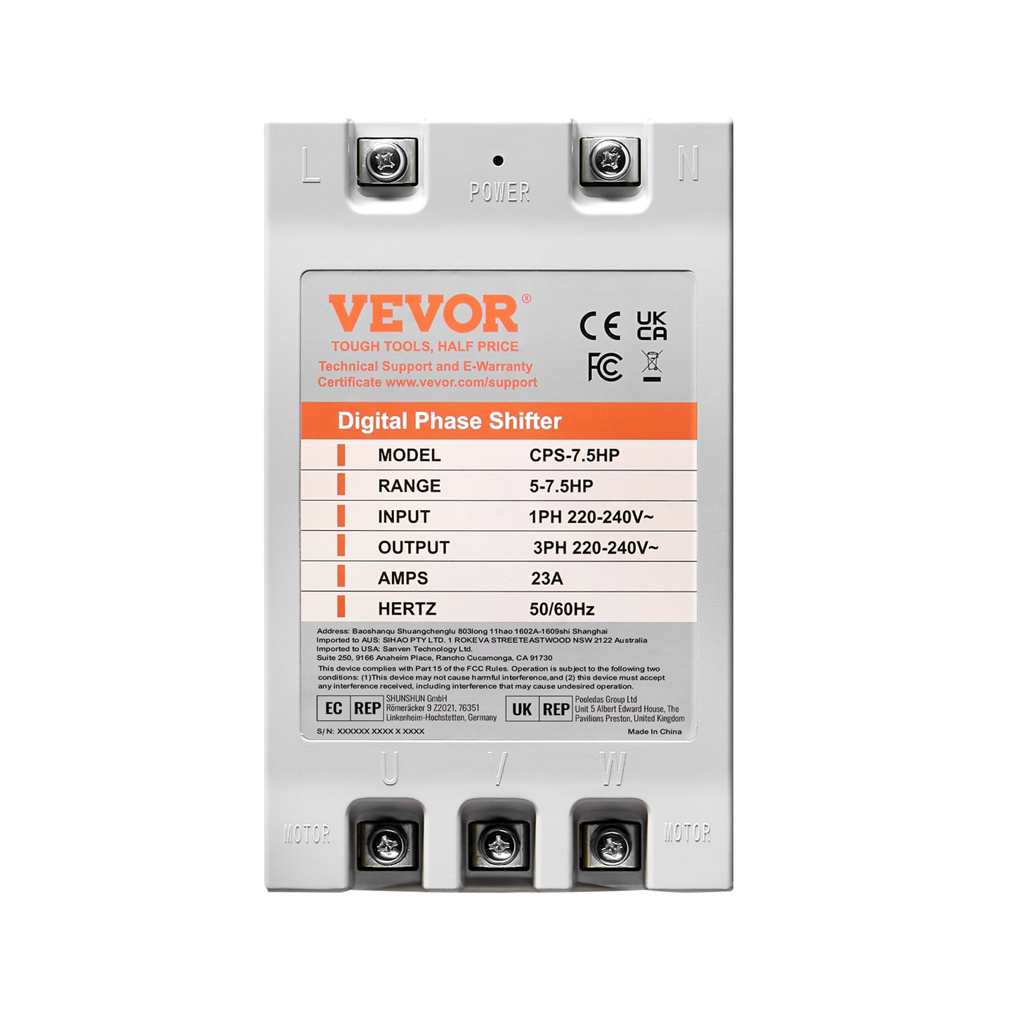 VEVOR 3 Phase Converter- 7.5HP 23A 220V Single Phase to 3 Phase Converter, Digital Phase Shifter for Residential & Light Commercial Use, 220V-240V Input/Output (One Converter Must Be Used on One Motor Only)