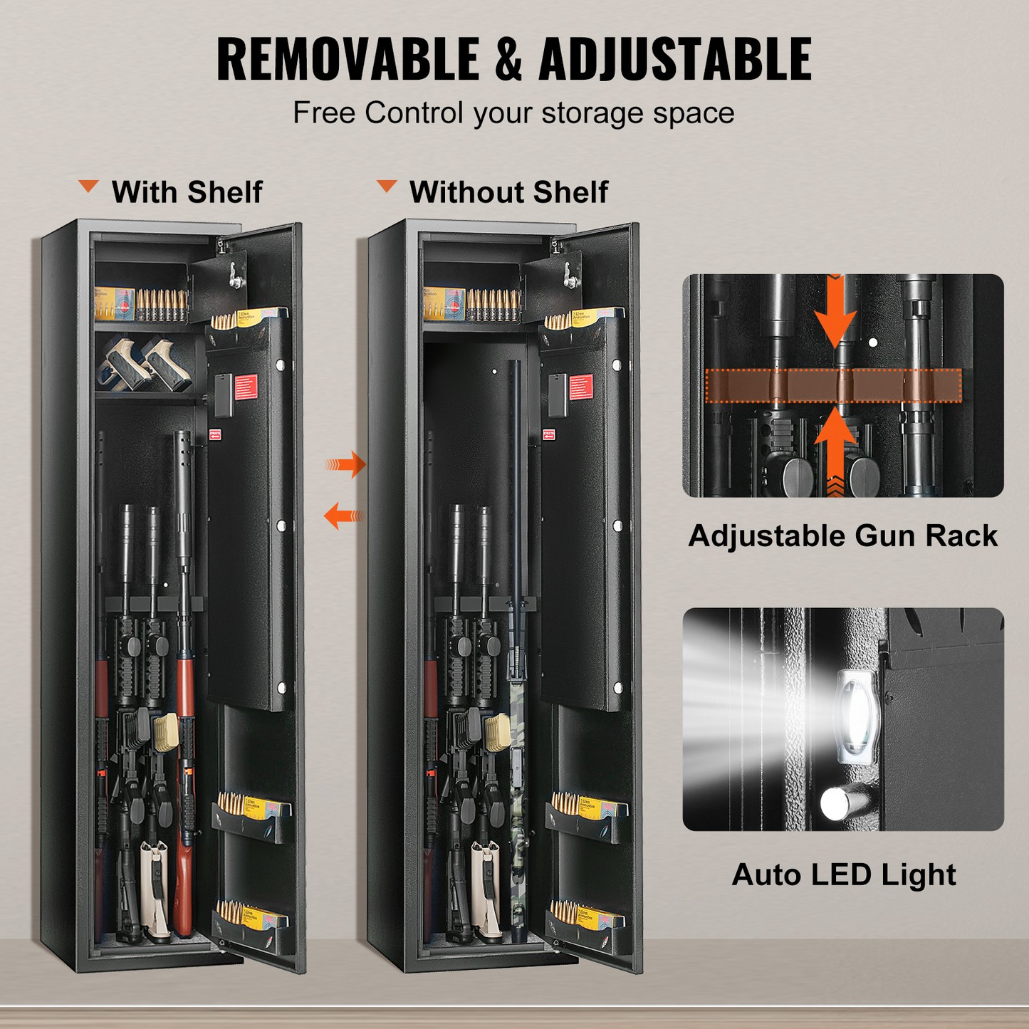 VEVOR 5 Gun Safe, Gun Security Cabinet with Lock & Digital Keypad, Gun Storage Cabinet with Built-in Storage Locker and Removable Storage Shelf for Home Long Gun and Pistols