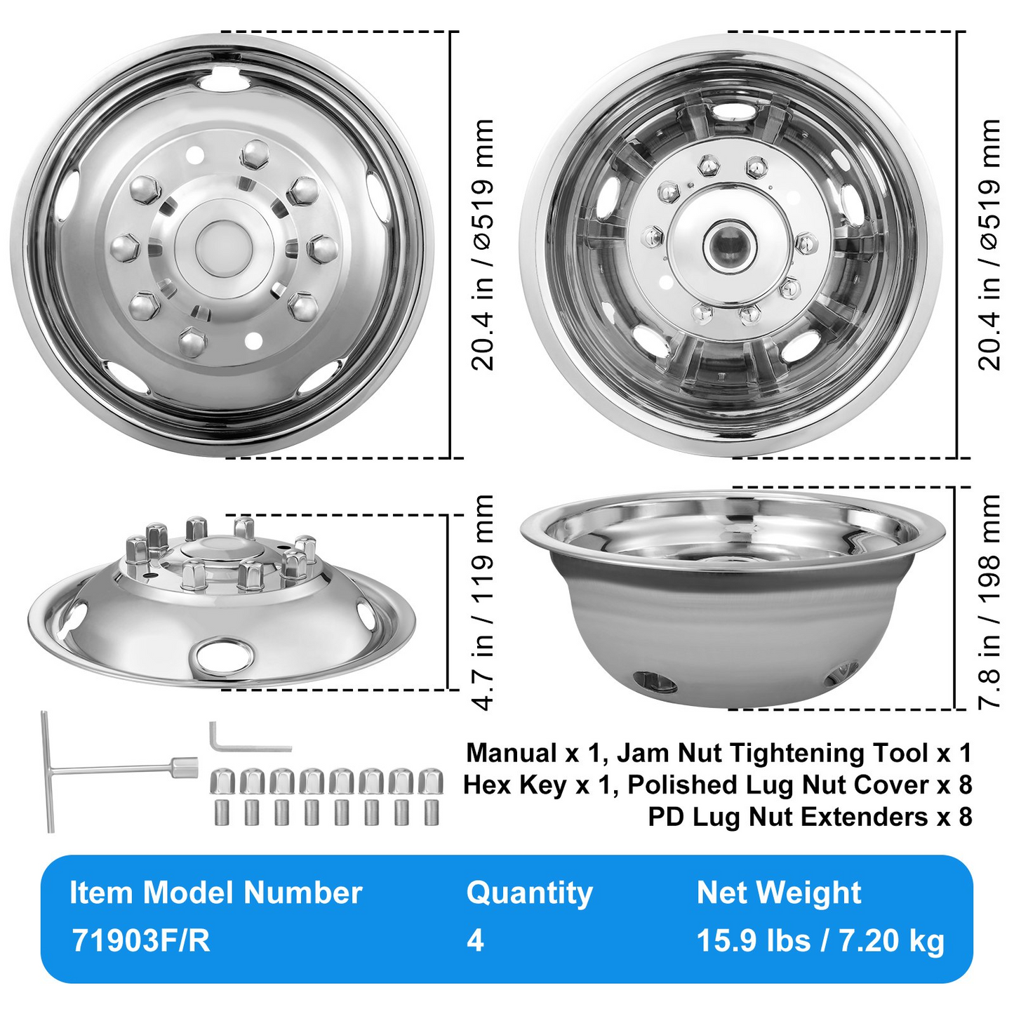 VEVOR 19.5-inch 10 Lug Wheel Simulators, 304 Stainless Steel Wheel Simulator Kit with Mirror Polished Finish, 2 Front and 2 Rear Wheel Covers Fit for For Ford F450/F550 (2005-2020), 4 pcs