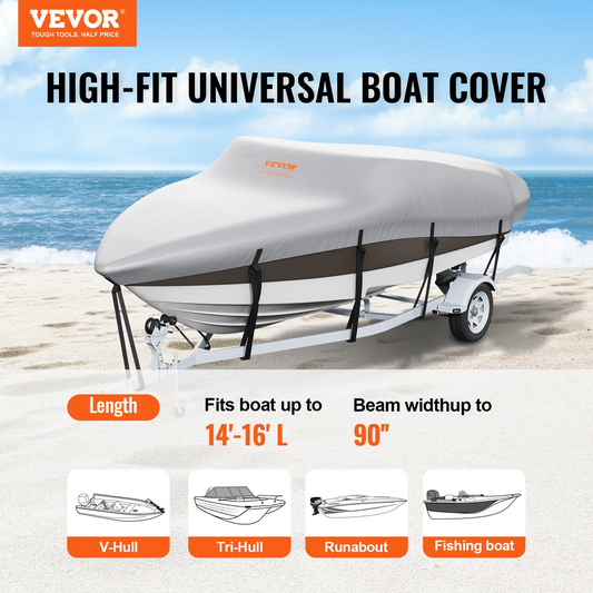 VEVOR Boat Cover, 14'-16' Trailerable Waterproof Boat Cover, 600D Marine Grade PU Oxford, with Motor Cover and Buckle Straps, for V-Hull, Tri-Hull, Fish Ski Boat, Runabout, Bass Boat, Grey