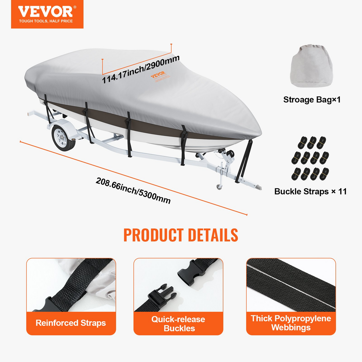 VEVOR Boat Cover, 14'-16' Trailerable Waterproof Boat Cover, 600D Marine Grade PU Oxford, with Motor Cover and Buckle Straps, for V-Hull, Tri-Hull, Fish Ski Boat, Runabout, Bass Boat, Grey