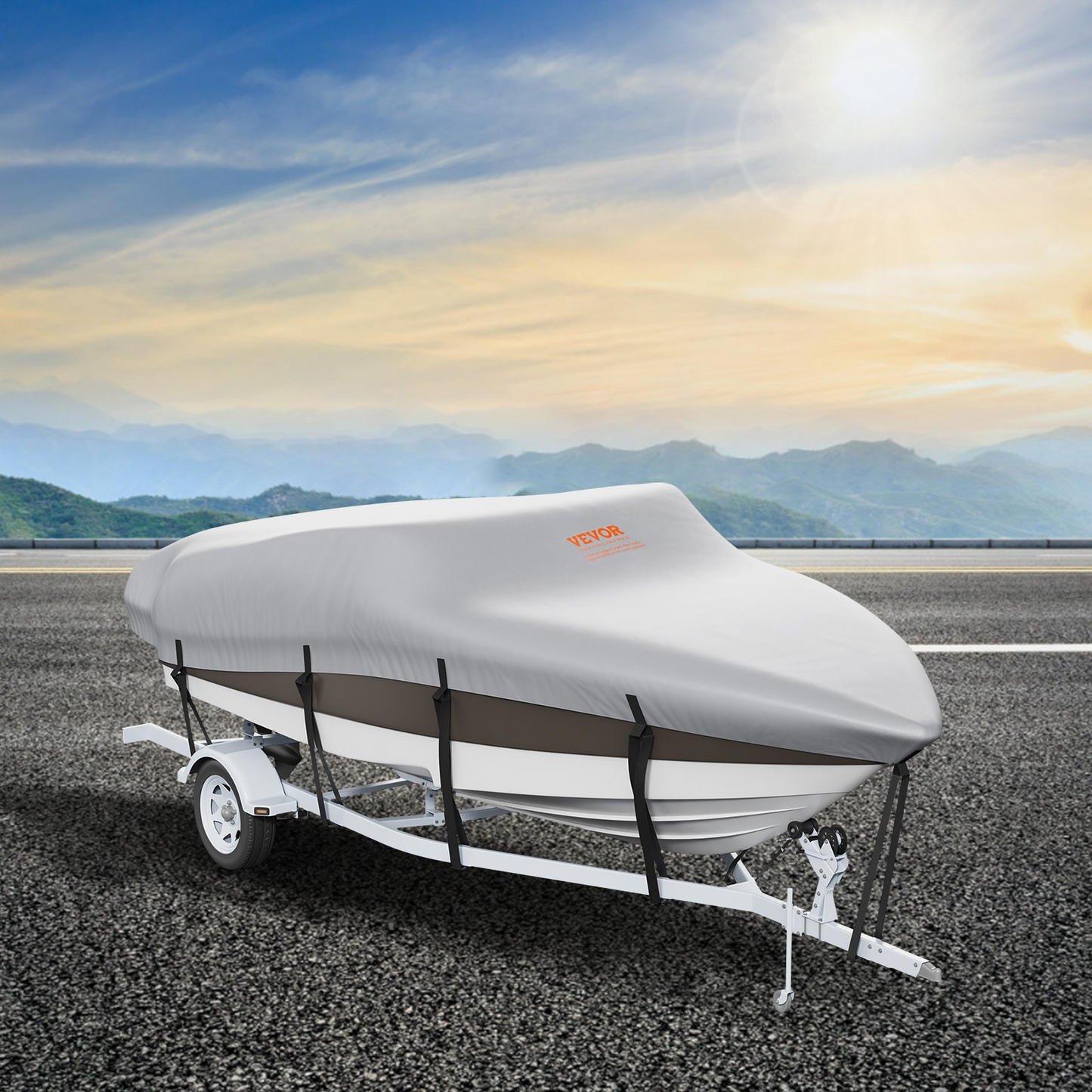 VEVOR Boat Cover, 14'-16' Trailerable Waterproof Boat Cover, 600D Marine Grade PU Oxford, with Motor Cover and Buckle Straps, for V-Hull, Tri-Hull, Fish Ski Boat, Runabout, Bass Boat, Grey