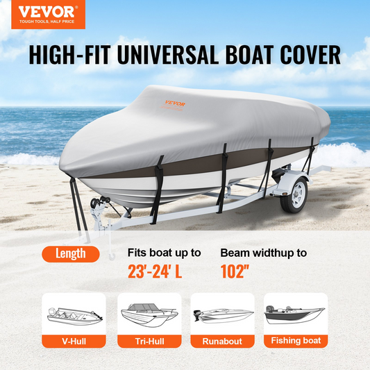 VEVOR Boat Cover, 23'-24' Trailerable Waterproof Boat Cover, 600D Marine Grade PU Oxford, with Motor Cover and Buckle Straps, for V-Hull, Tri-Hull, Fish Ski Boat, Runabout, Bass Boat, Grey