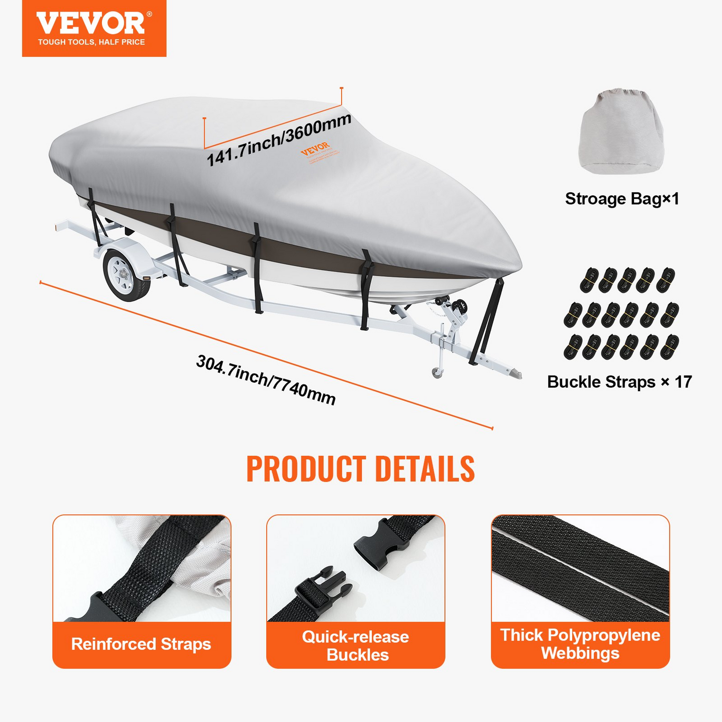 VEVOR Boat Cover, 23'-24' Trailerable Waterproof Boat Cover, 600D Marine Grade PU Oxford, with Motor Cover and Buckle Straps, for V-Hull, Tri-Hull, Fish Ski Boat, Runabout, Bass Boat, Grey