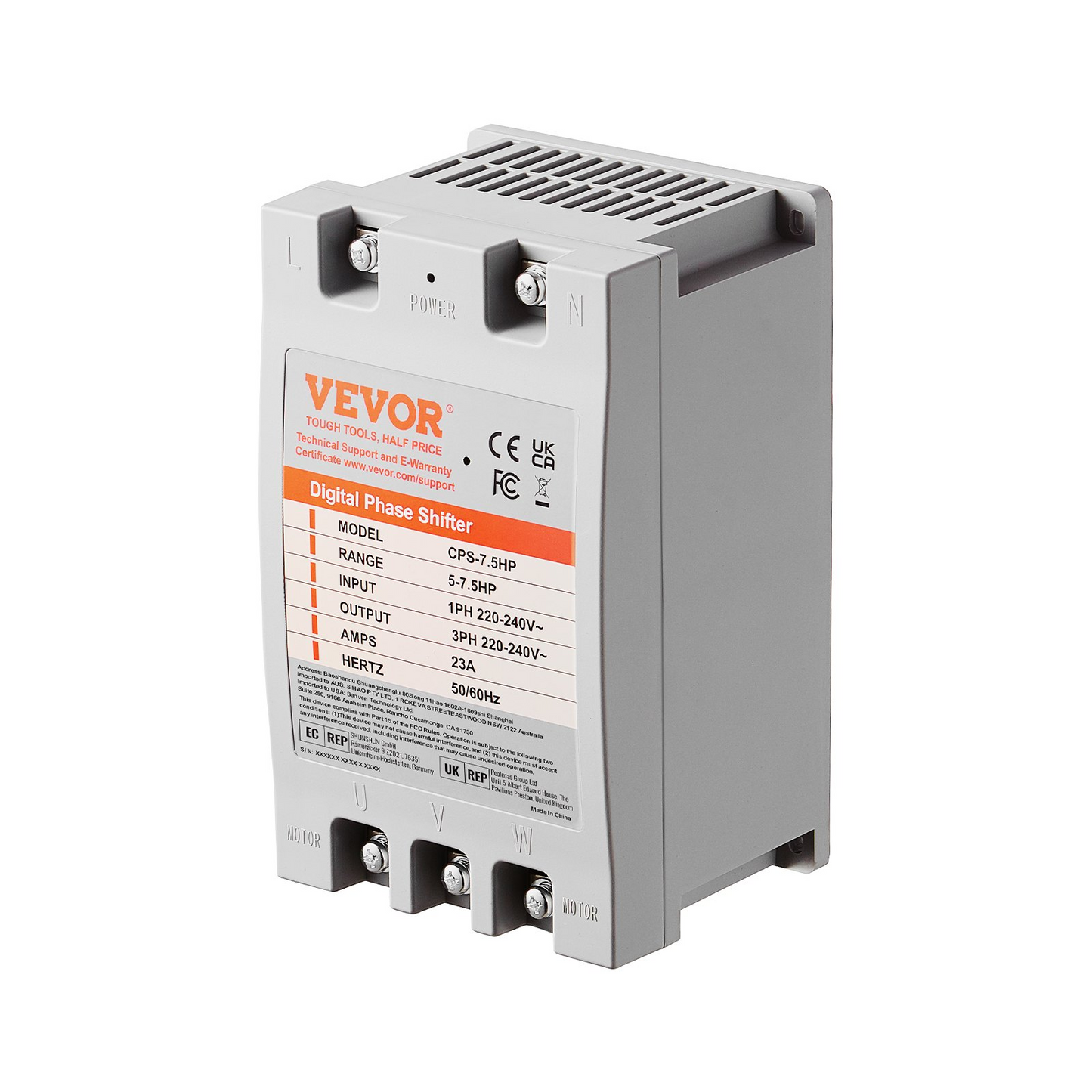 VEVOR 3 Phase Converter- 7.5HP 23A 220V Single Phase to 3 Phase Converter, Digital Phase Shifter for Residential & Light Commercial Use, 220V-240V Input/Output (One Converter Must Be Used on One Motor Only)