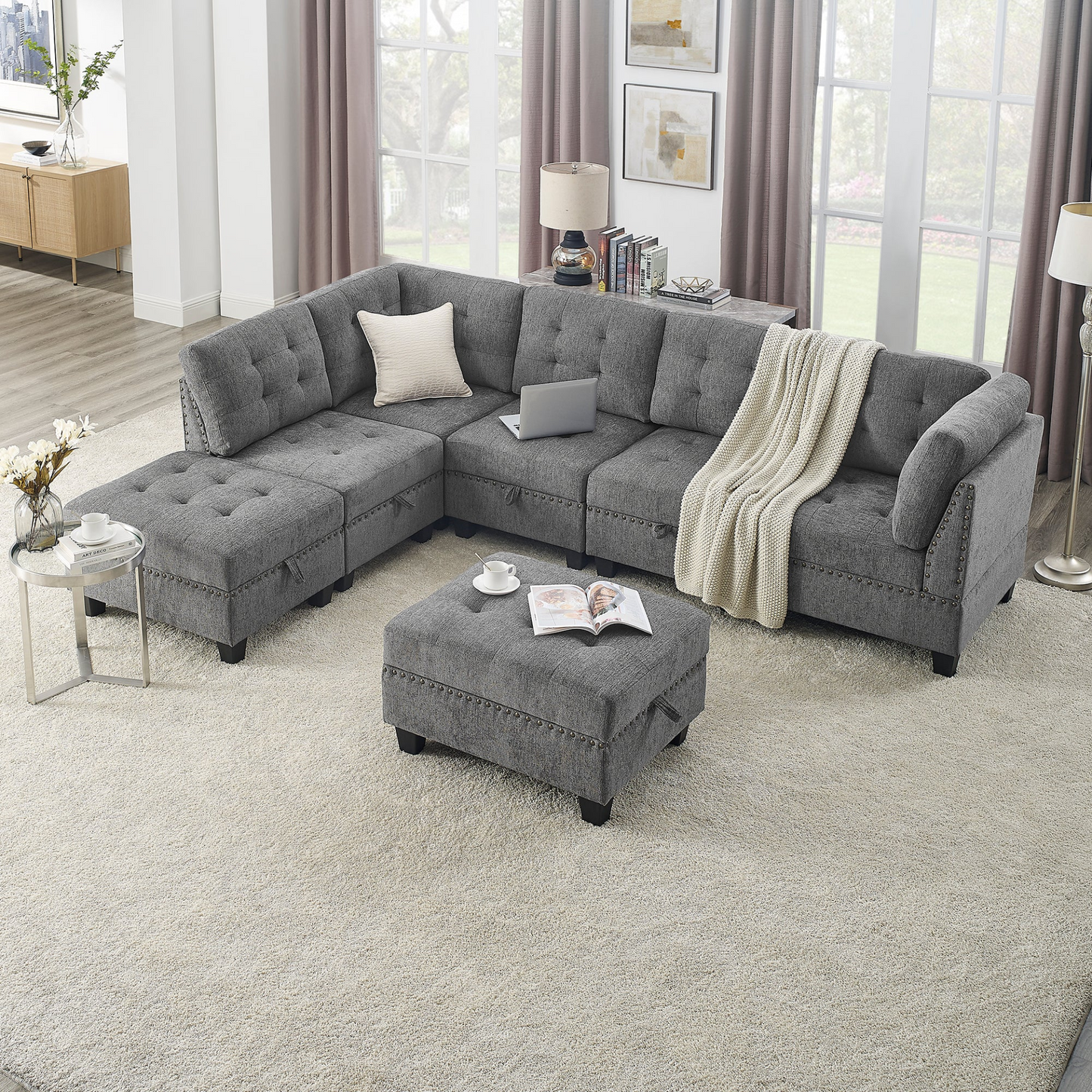 L shape Modular Sectional Sofa,DIY Combination,includes Three Single Chair ,Two Corner and Two Ottoman,Grey Chenille