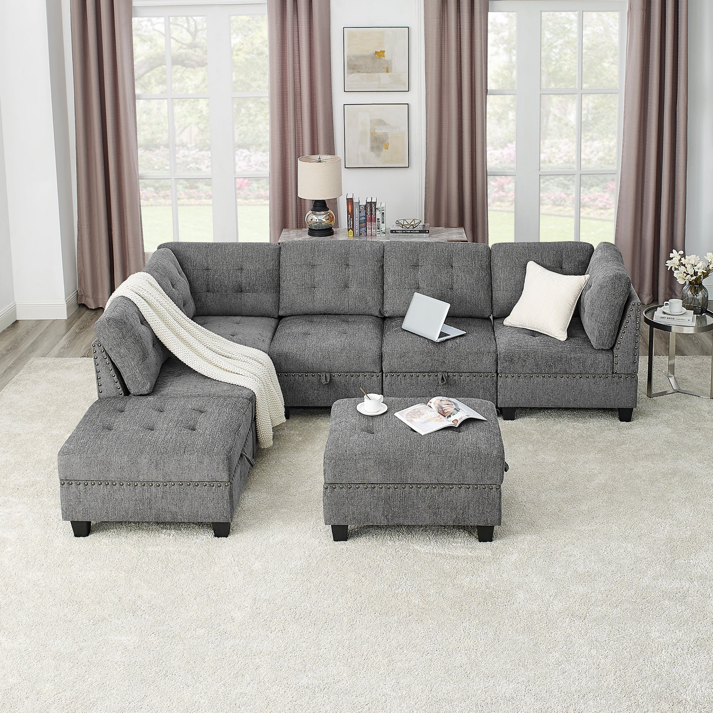 L shape Modular Sectional Sofa,DIY Combination,includes Three Single Chair ,Two Corner and Two Ottoman,Grey Chenille