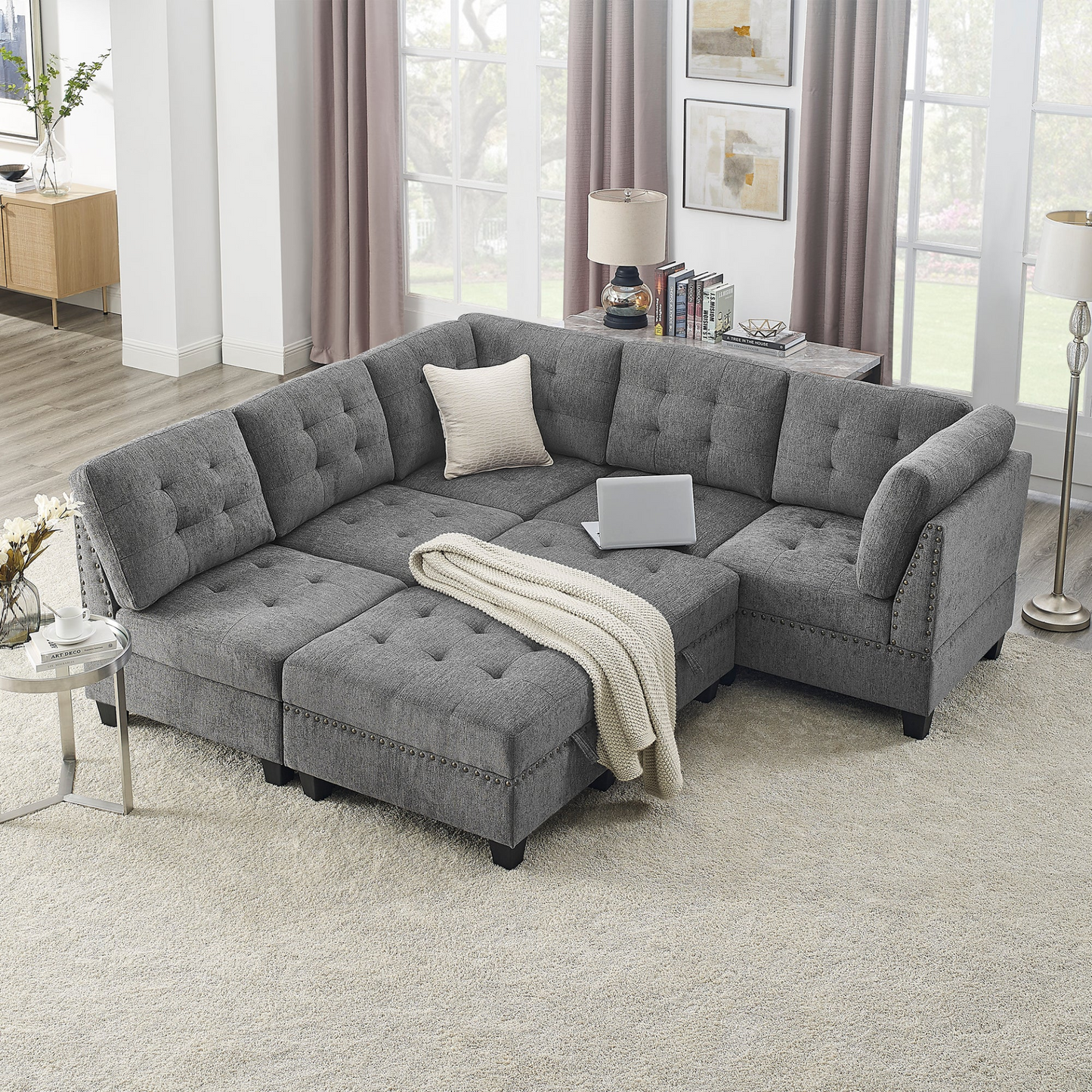 L shape Modular Sectional Sofa,DIY Combination,includes Three Single Chair ,Two Corner and Two Ottoman,Grey Chenille