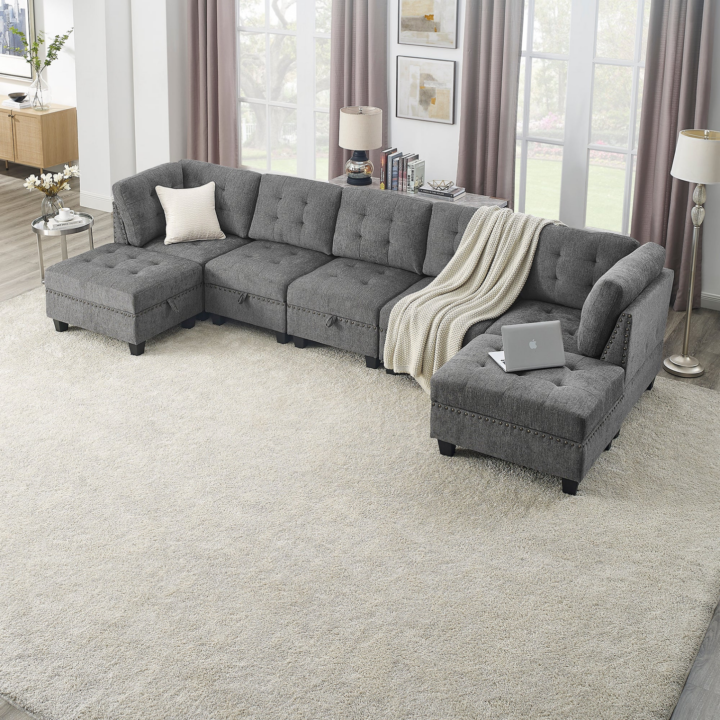 L shape Modular Sectional Sofa,DIY Combination,includes Three Single Chair ,Two Corner and Two Ottoman,Grey Chenille