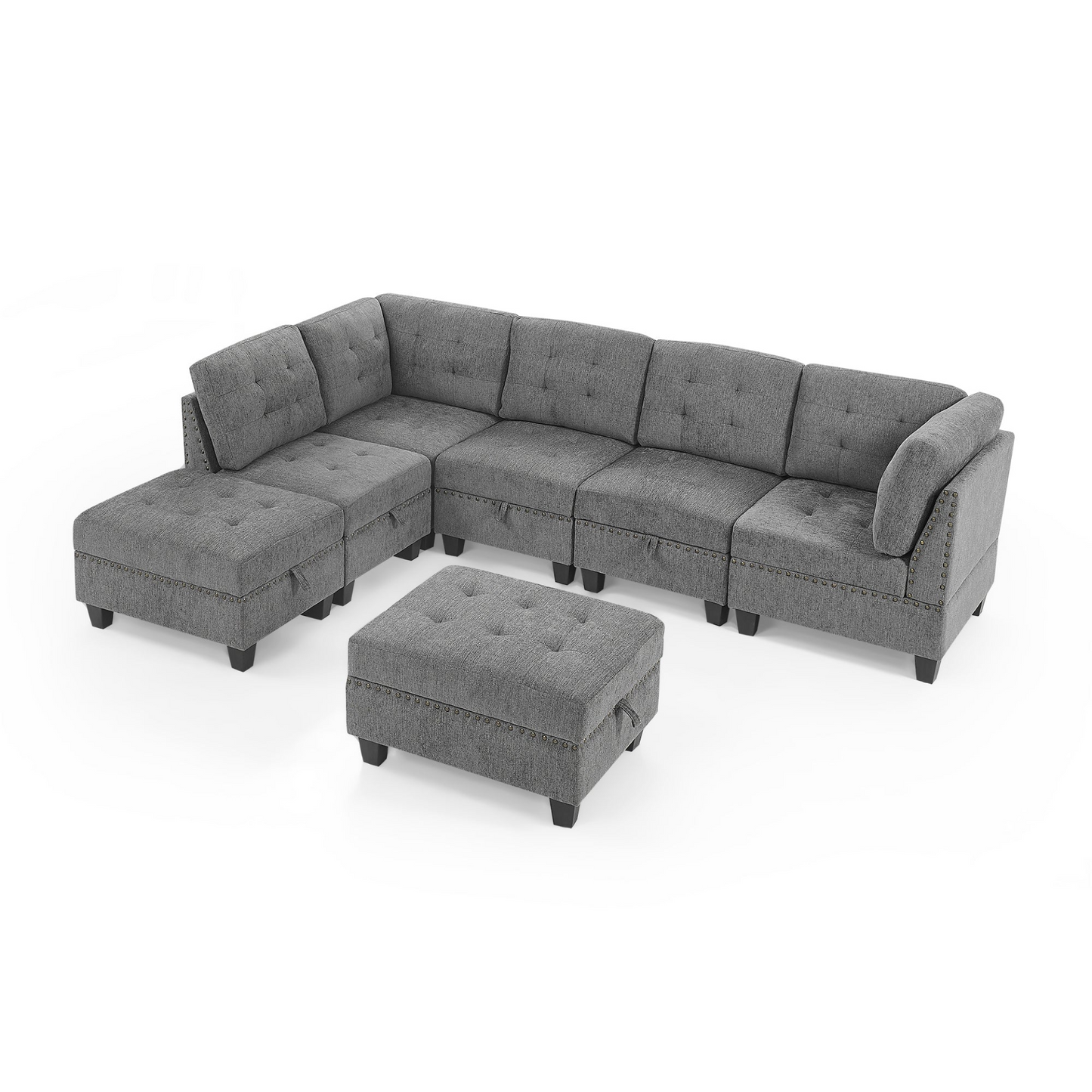 L shape Modular Sectional Sofa,DIY Combination,includes Three Single Chair ,Two Corner and Two Ottoman,Grey Chenille