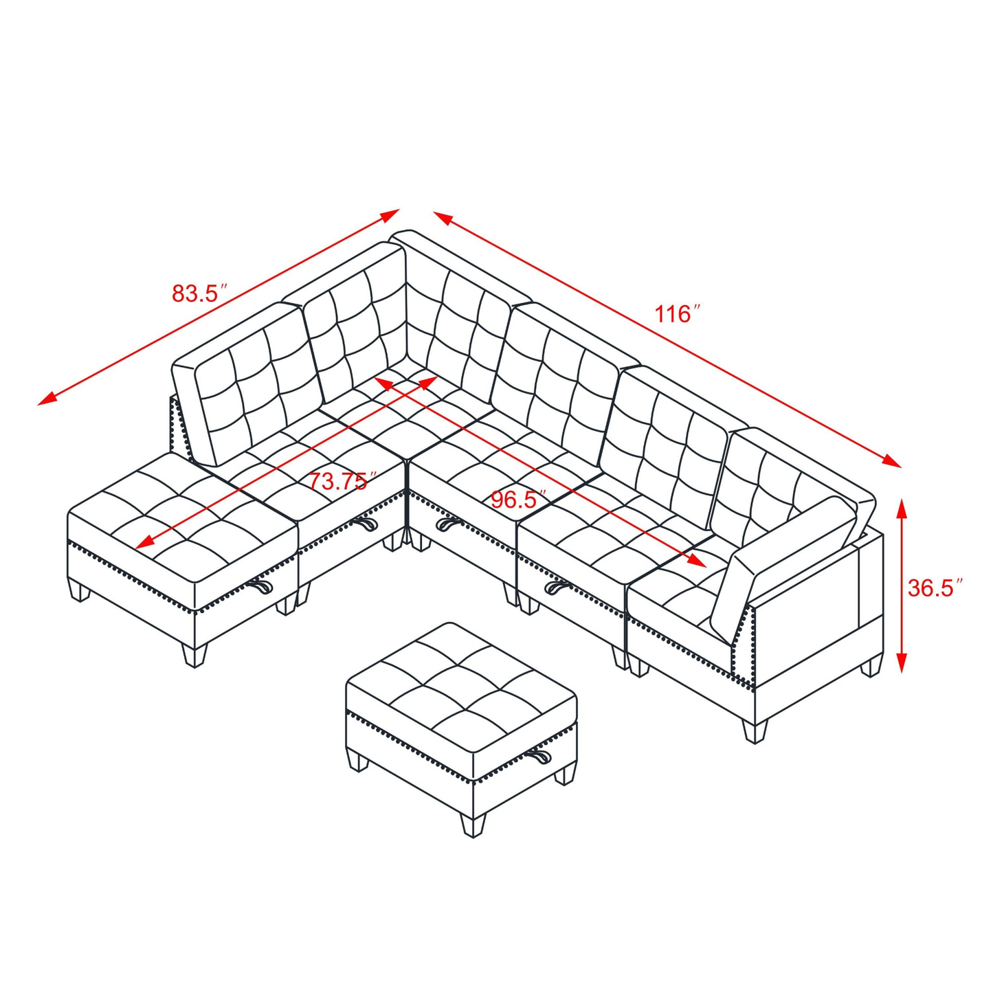 L shape Modular Sectional Sofa,DIY Combination,includes Three Single Chair ,Two Corner and Two Ottoman,Grey Chenille