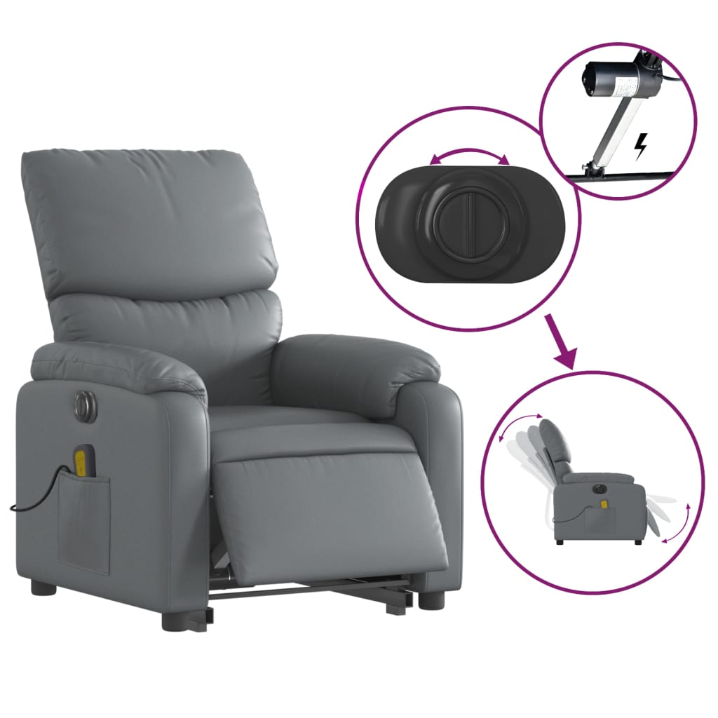 vidaXL Electric Stand up Massage Recliner Chair Gray Faux Leather - fashion finesse accessories