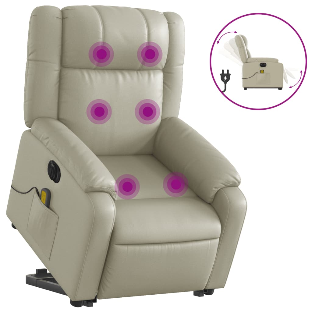 vidaXL Electric Stand up Massage Recliner Chair Cream Faux Leather - fashion finesse accessories