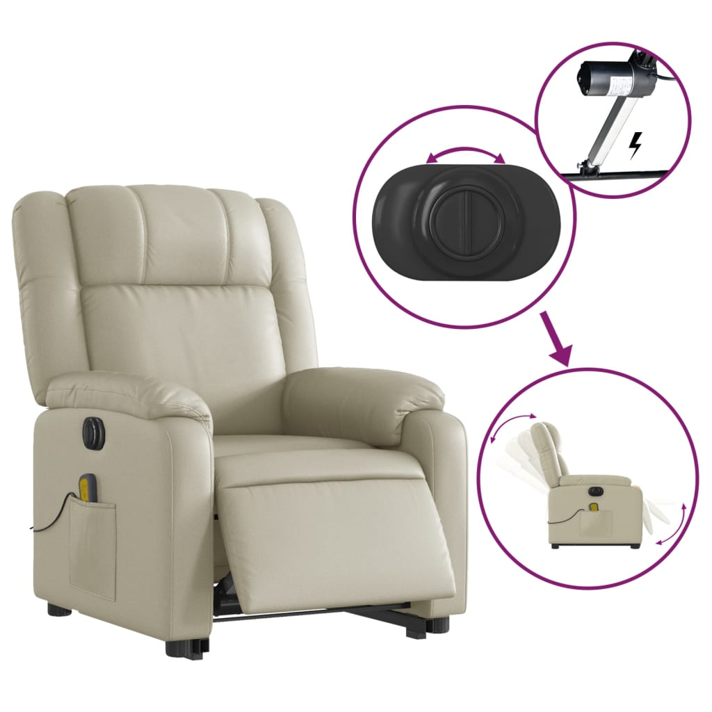 vidaXL Electric Stand up Massage Recliner Chair Cream Faux Leather - fashion finesse accessories