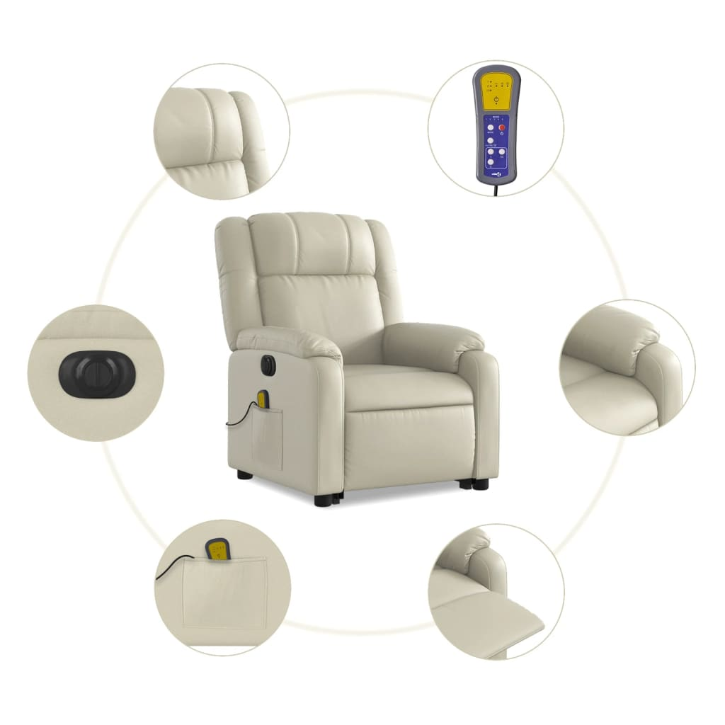 vidaXL Electric Stand up Massage Recliner Chair Cream Faux Leather - fashion finesse accessories