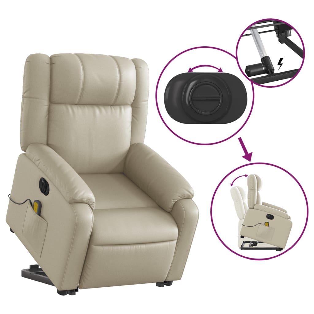 vidaXL Electric Stand up Massage Recliner Chair Cream Faux Leather - fashion finesse accessories