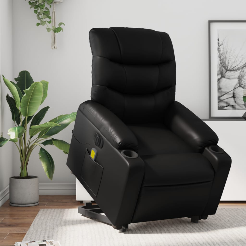 vidaXL Electric Stand up Massage Recliner Chair Black Faux Leather - fashion finesse accessories