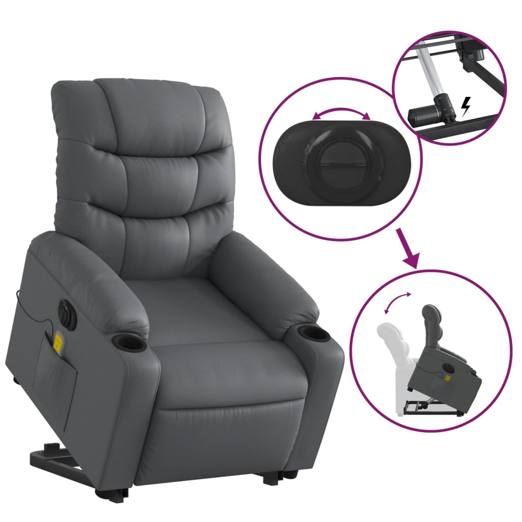 vidaXL Electric Stand up Massage Recliner Chair Gray Faux Leather - fashion finesse accessories