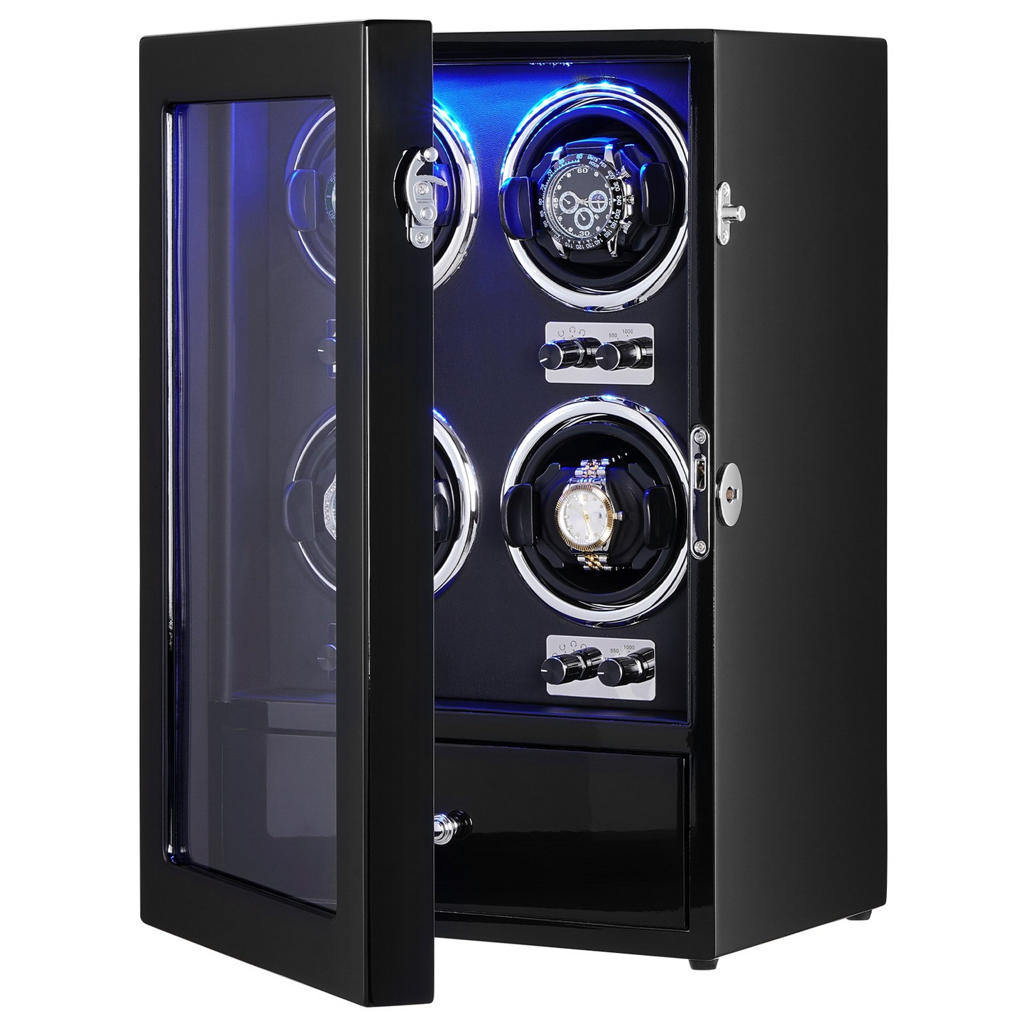 VEVOR Watch Winder, Watch Winder for 4 Men's and Women's Automatic Watches, with 4 Super Quiet Japanese Mabuchi Motors, Blue LED Light and Adapter, High-Density Board Shell and Black PU