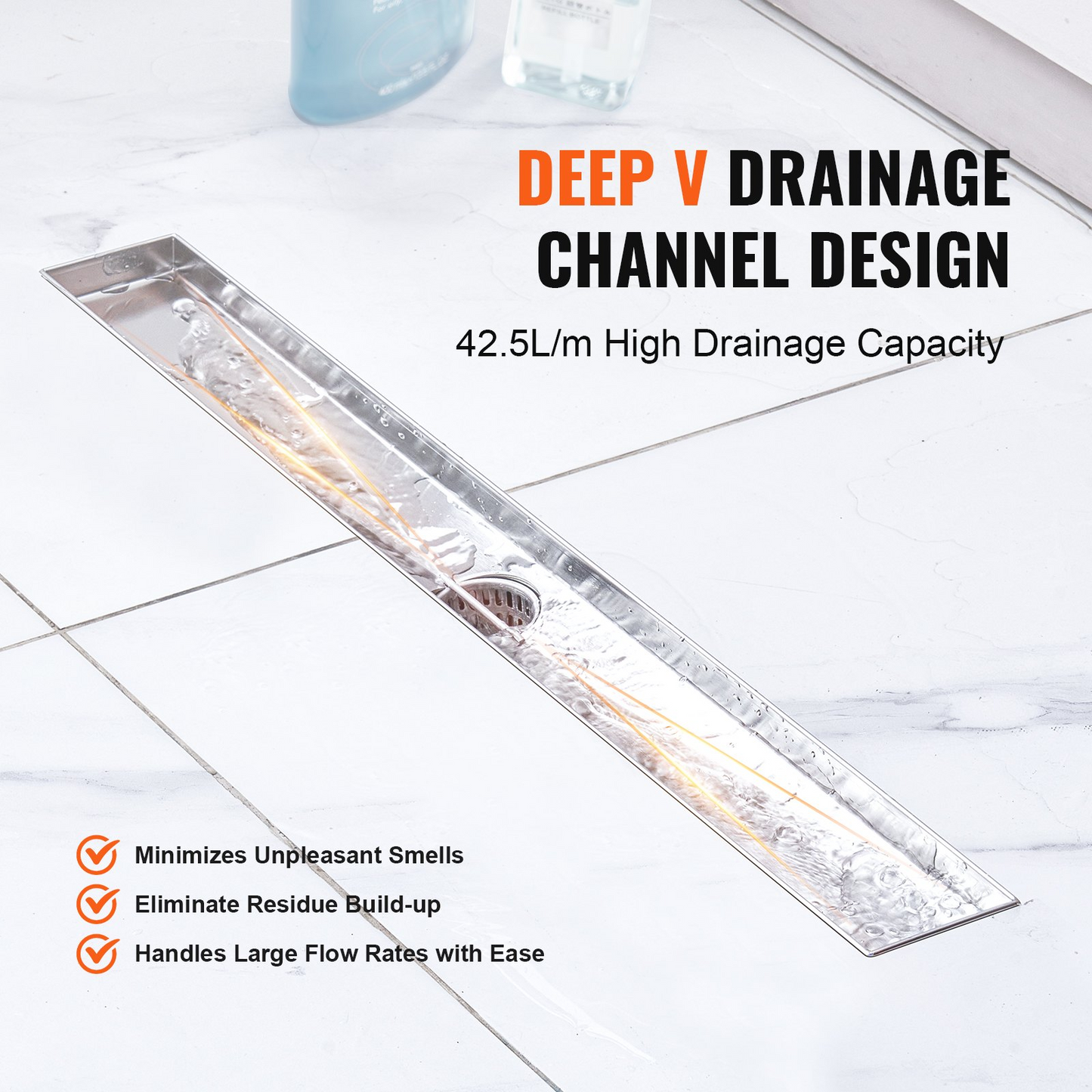 VEVOR 24Inch Linear Shower Drain Offset with Tile Insert Cover,Brushed 304 Stainless Steel Rectangle Shower Floor Drain,Linear Drain with Leveling Feet,Hair Strainer Silver