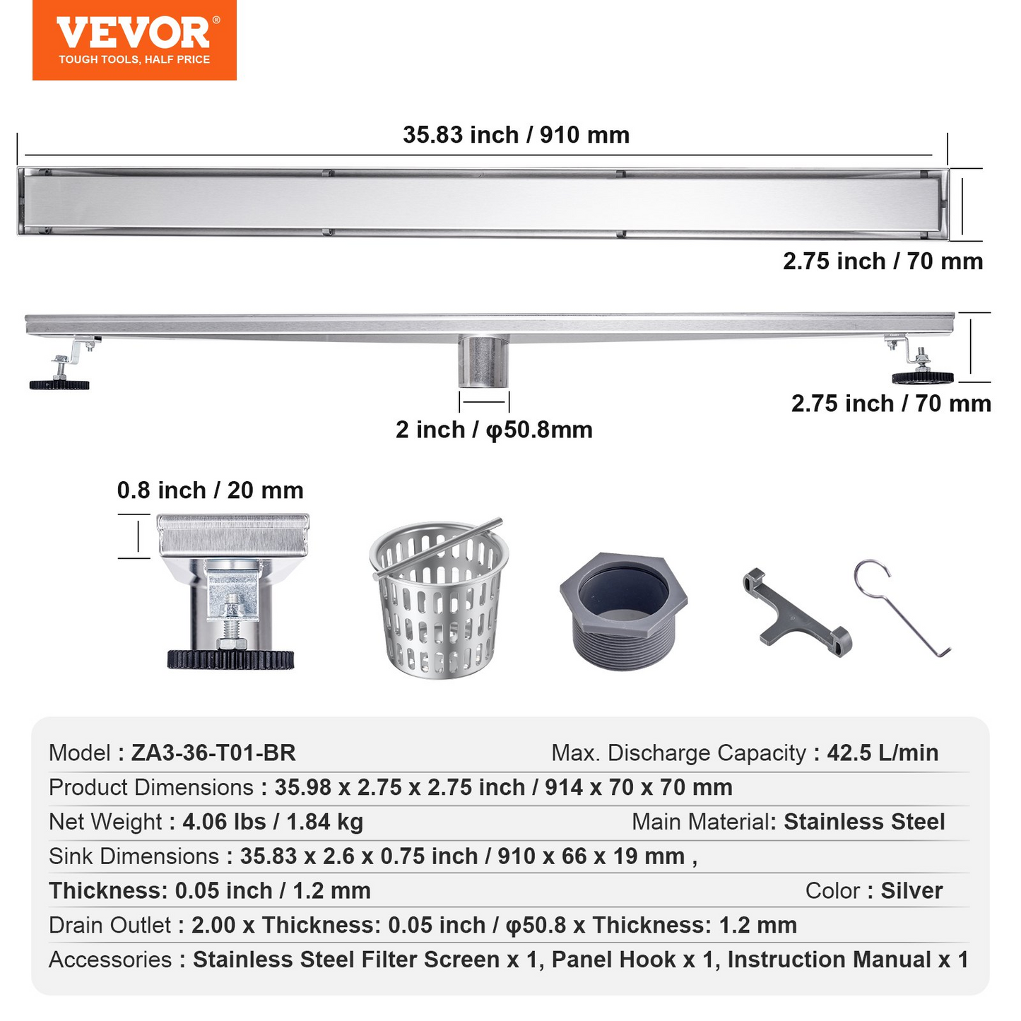 VEVOR 24Inch Linear Shower Drain Offset with Tile Insert Cover,Brushed 304 Stainless Steel Rectangle Shower Floor Drain,Linear Drain with Leveling Feet,Hair Strainer Silver