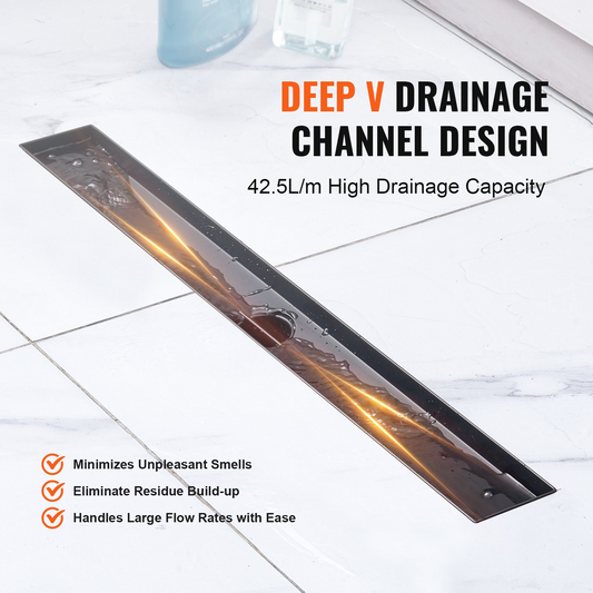 VEVOR 24-Inch Linear Shower Drain Offset with Tile Insert Cover,Brushed 304 Stainless Steel Rectangle Shower Floor Drain, Sleek Linear Drain with Hair Strainer, Black