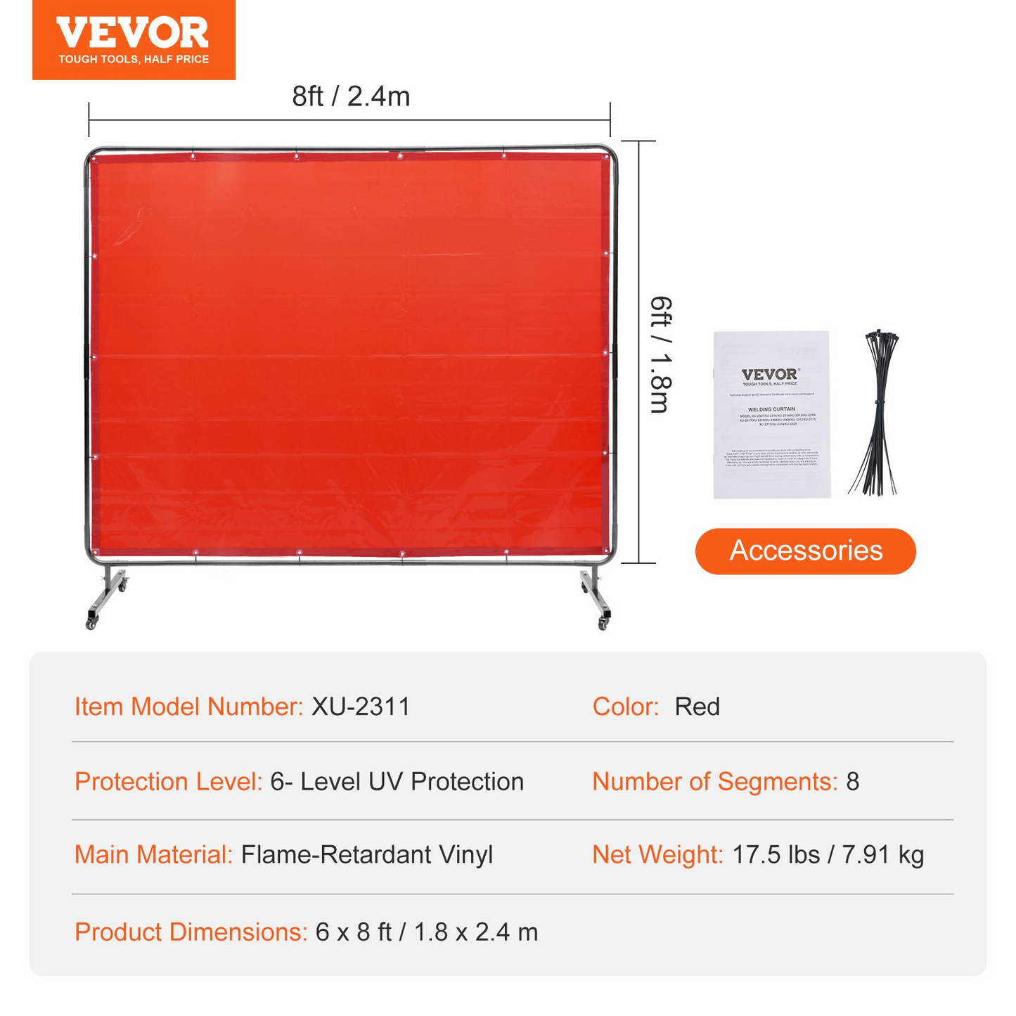 VEVOR Welding Screen with Frame, 6' x 8' Welding Curtain Screen, Flame-Resistant Vinyl Welding Protection Screen on 4 Swivel Wheels (2 Lockable), Moveable & Professional for Workshop/Industrial, Red