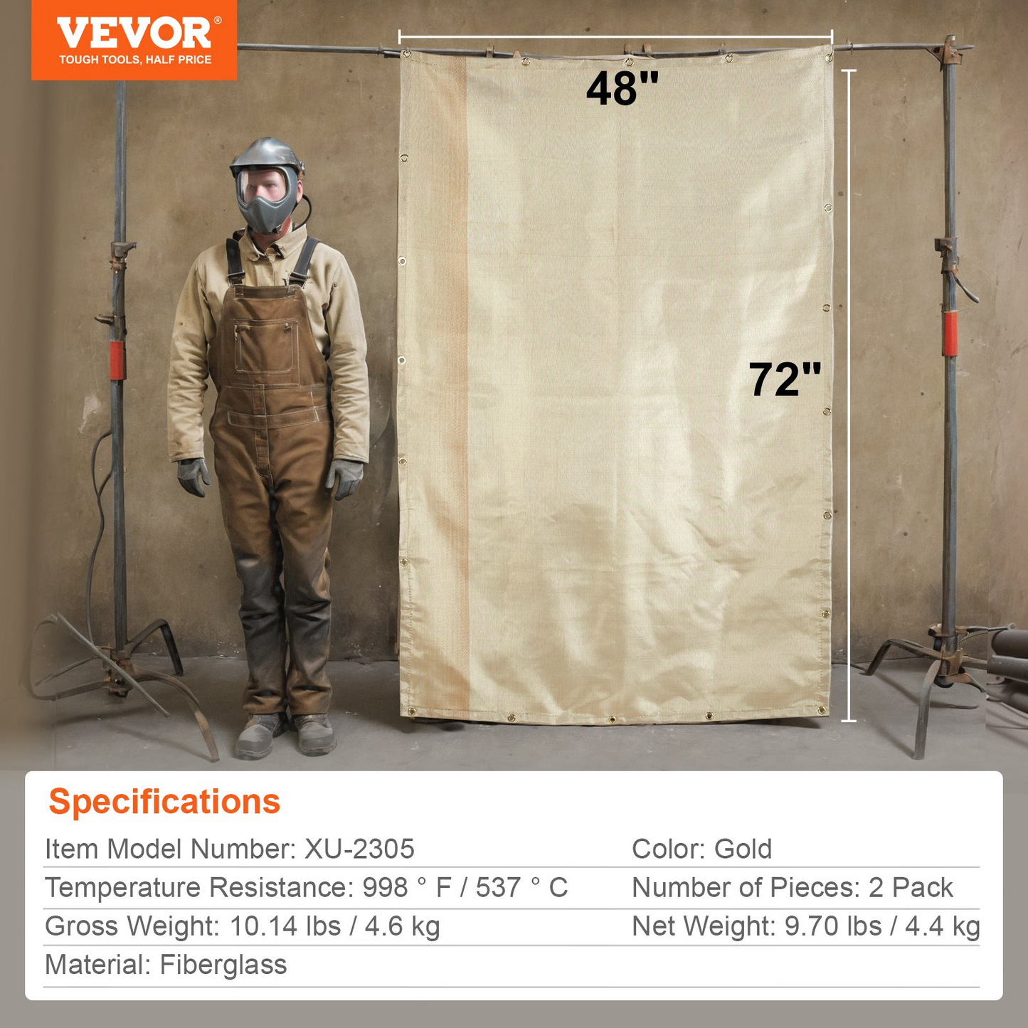 VEVOR Welding Blanket 2 Packs, 4FT x 6FT Heat Treated Welding Blanket, Up To 998°F Heat Resistant Blanket Set, Heavy-Duty Fiberglass Flame Retardant Insulation Welding Mat Cover with Metal Grommets