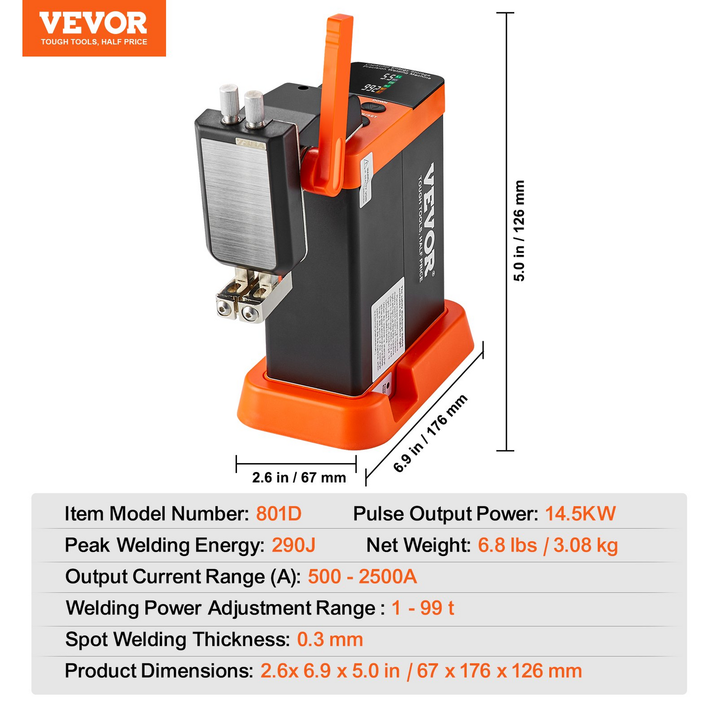 VEVOR Battery Spot Welder, 14.5KW Capacitor Energy Storage Pulse Battery Spot Welder with 73B Welding Pen, 801D High Power Spot Welding Equipment & 2 Welding Modes for 0.1-0.3mm Pure Nickel, Batteries