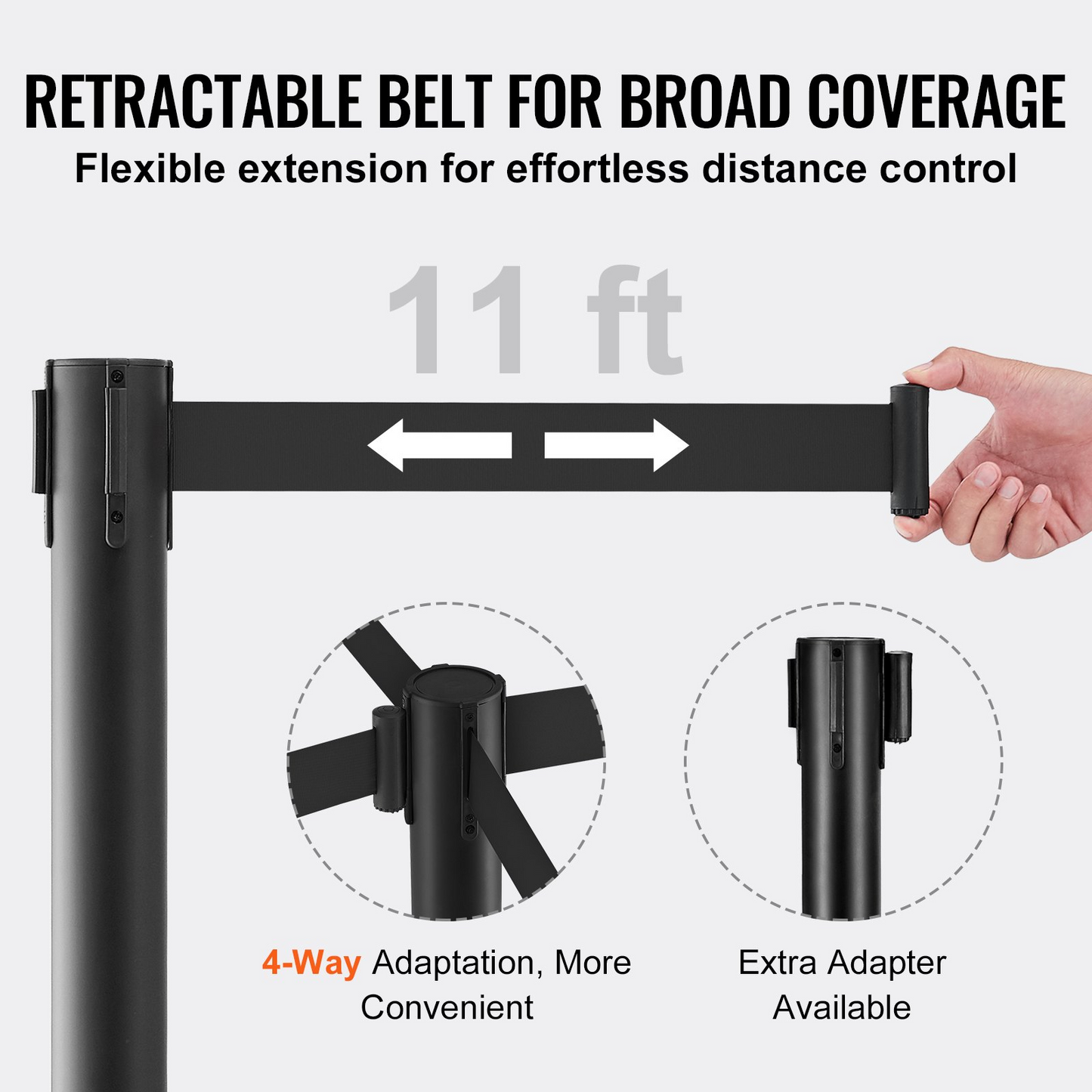 VEVOR Crowd Control Stanchions, 2-Pack Crowd Control Barriers, Carbon Steel Baking Painted Stanchion Queue Post with 11FT Black Retractable Belt, Belt Barriers Line Divider for Exhibition, Airport