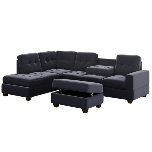 Modern Sectional Sofa with Reversible Chaise, L Shaped Couch Set with Storage Ottoman and Two Cup Holders for Living Room