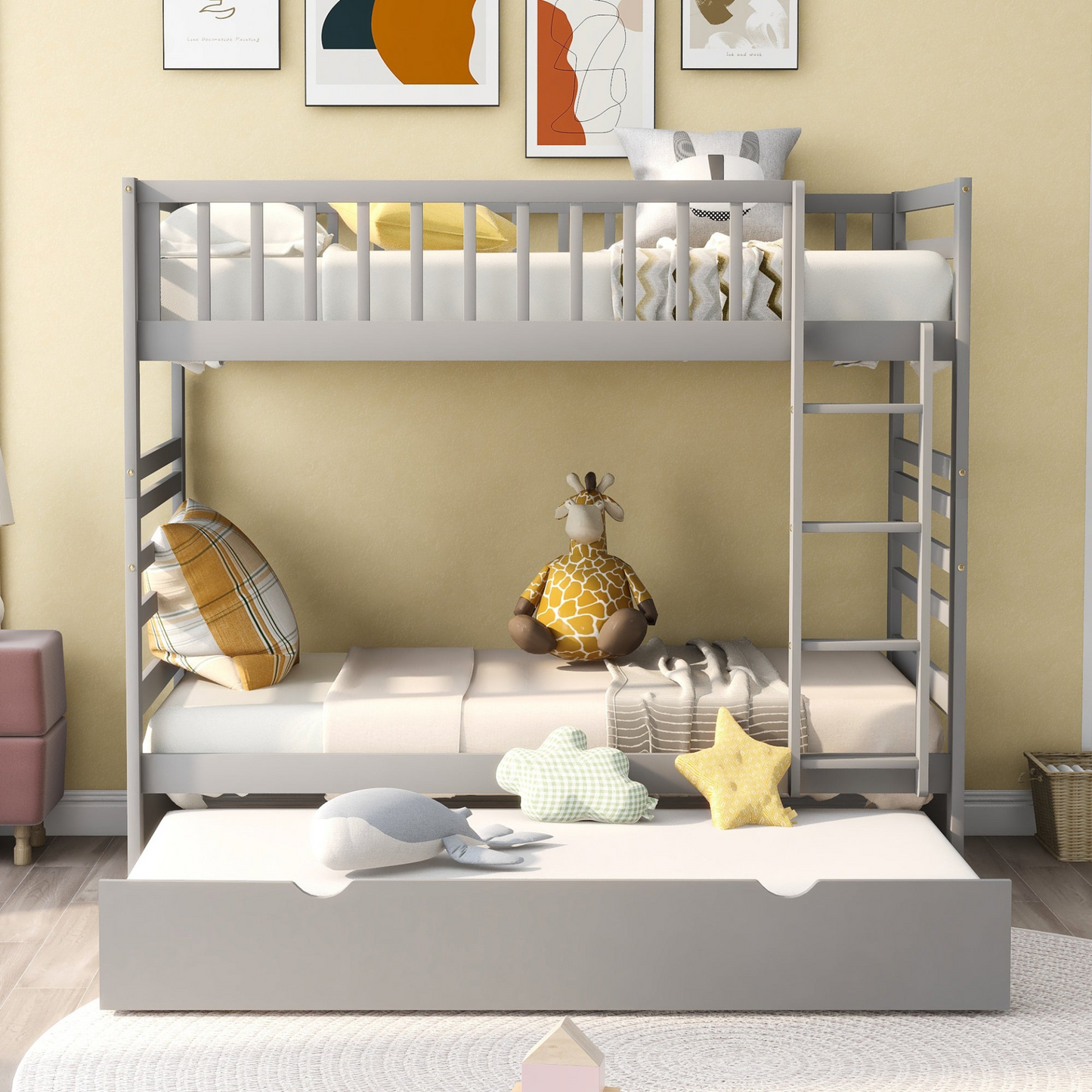 Twin Bunk Beds for Kids with Safety Rail and Movable Trundle bed