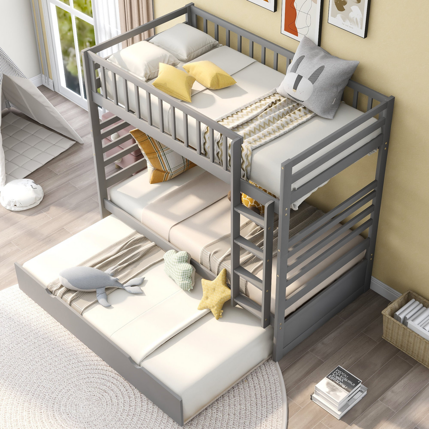 Twin Bunk Beds for Kids with Safety Rail and Movable Trundle bed