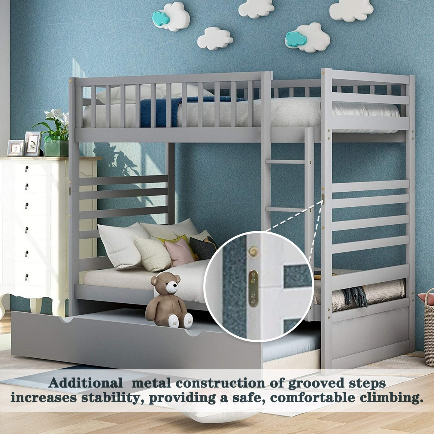 Twin Bunk Beds for Kids with Safety Rail and Movable Trundle bed