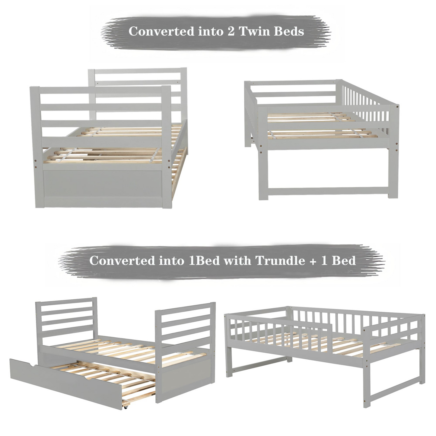 Twin Bunk Beds for Kids with Safety Rail and Movable Trundle bed